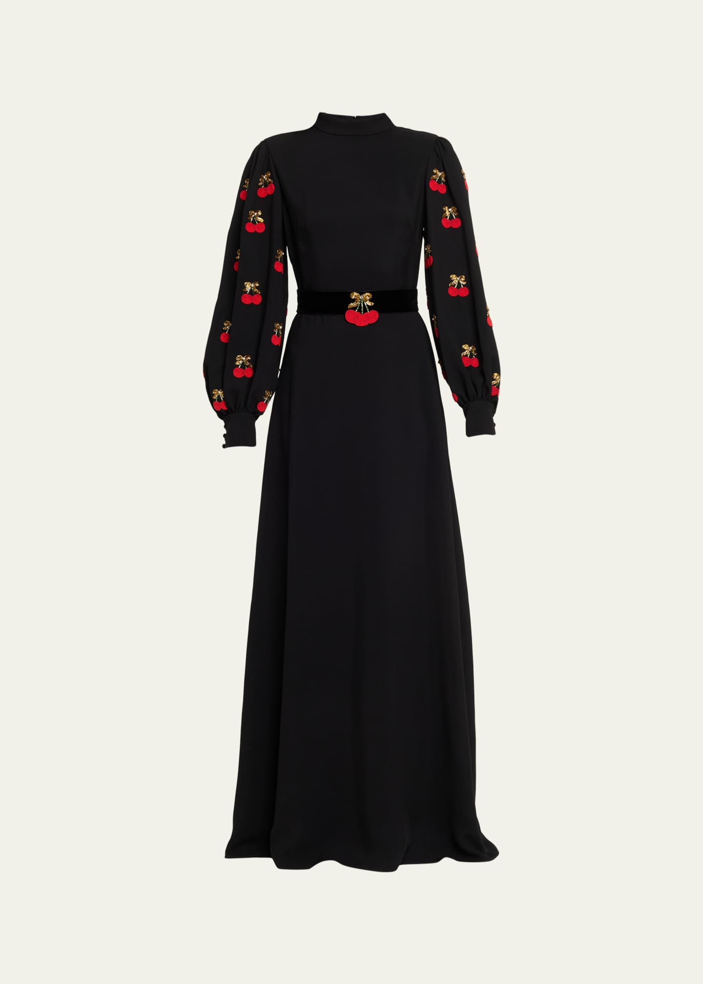 Valentino Garavani Cherry Embroidered Belted Puff-Sleeve Gown
