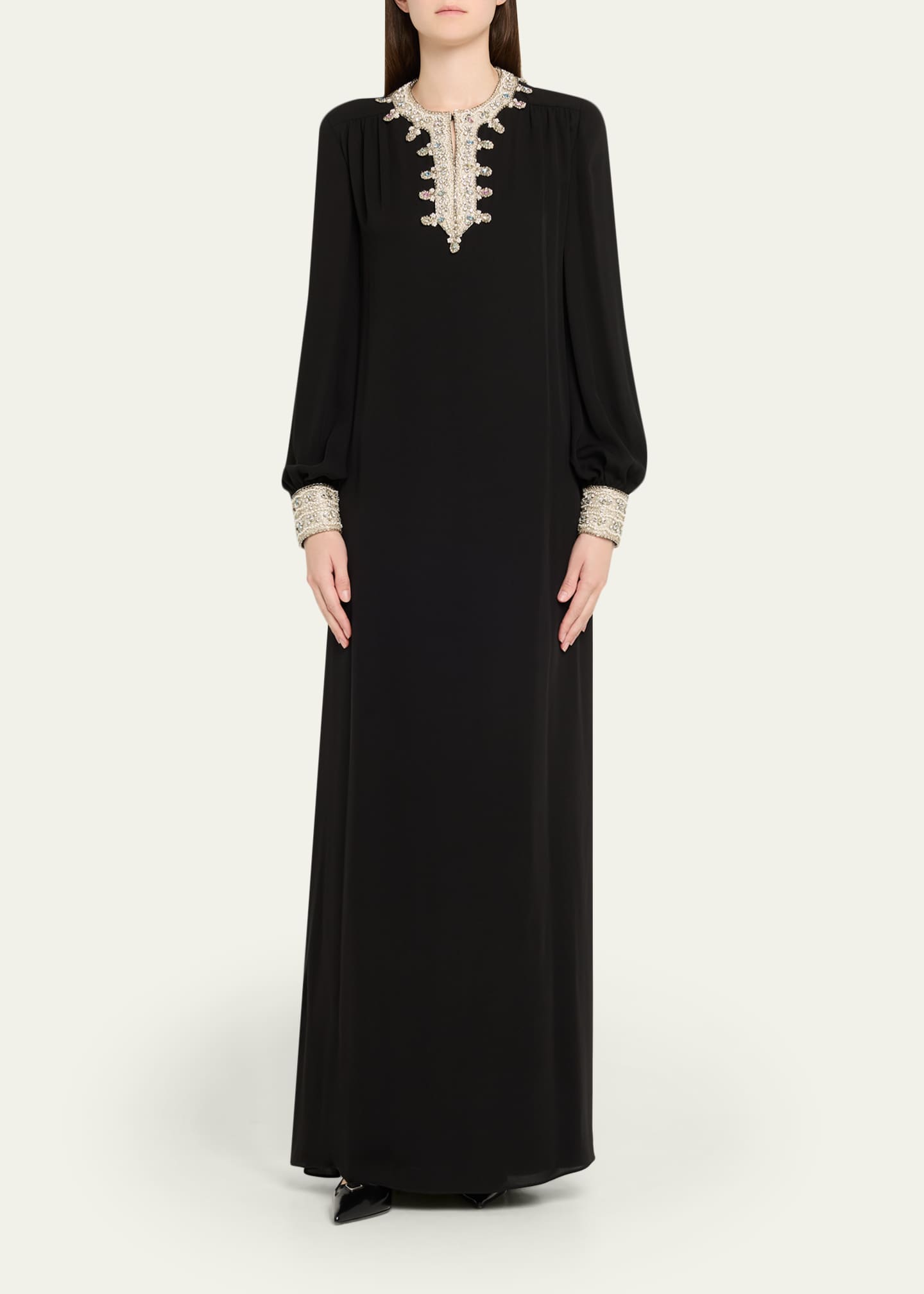 valentino long sleeve dress Valentino Garavani Crystal Silk Georgette Long-Sleeve Gown, Black/Silver, Women's, 38 It (2 Us), Long-Sleeve Gowns