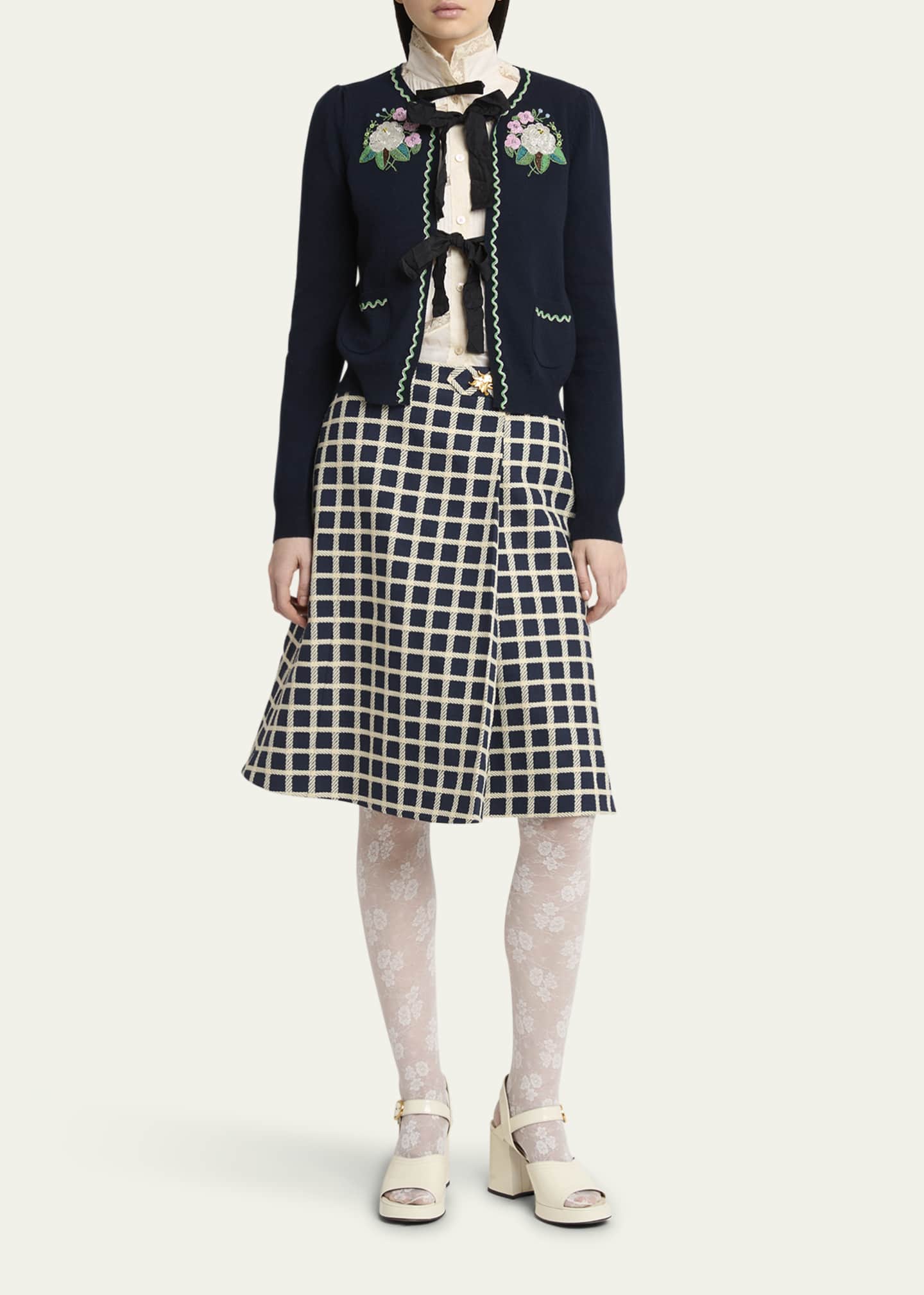 Valentino Garavani Floral Embroidered Bow-Tie Wool Cardigan Image 2 of 5