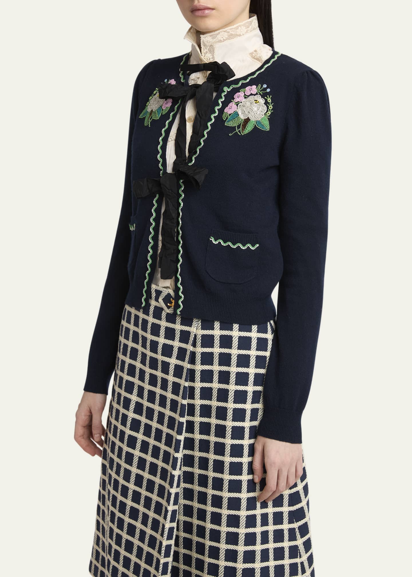 Valentino Garavani Floral Embroidered Bow-Tie Wool Cardigan Image 4 of 5