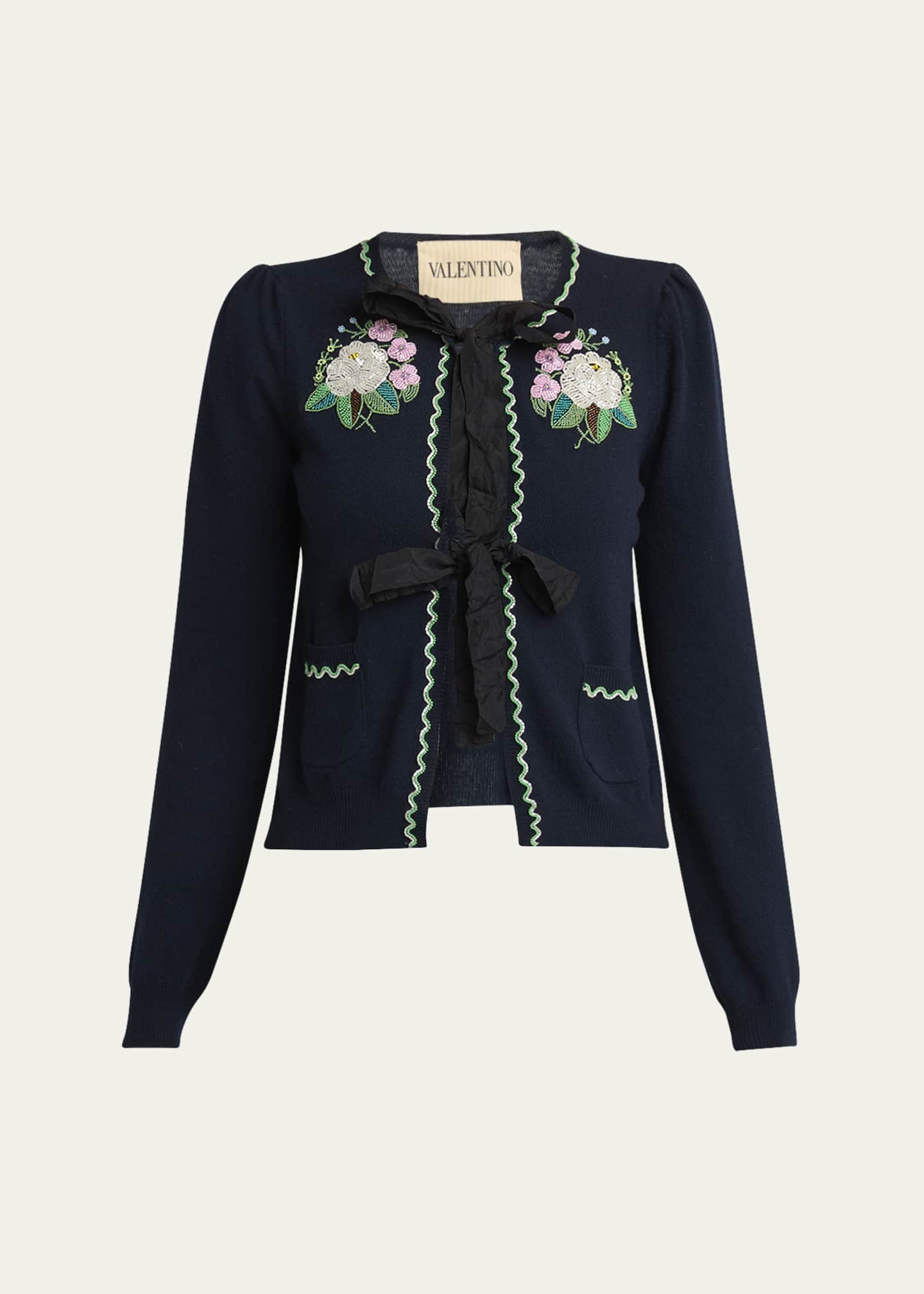 Valentino Garavani Floral Embroidered Bow-Tie Wool Cardigan Image 1 of 5