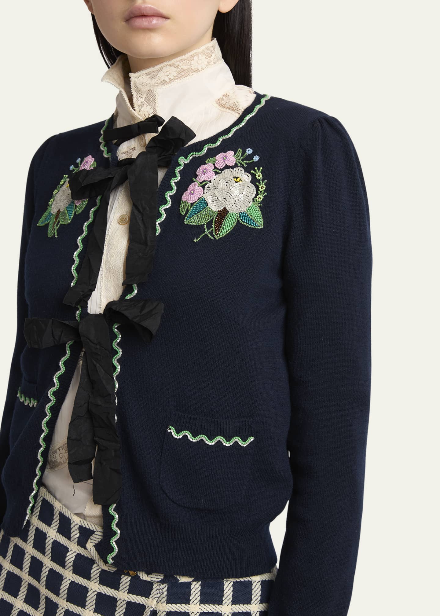 Valentino Garavani Floral Embroidered Bow-Tie Wool Cardigan Image 5 of 5
