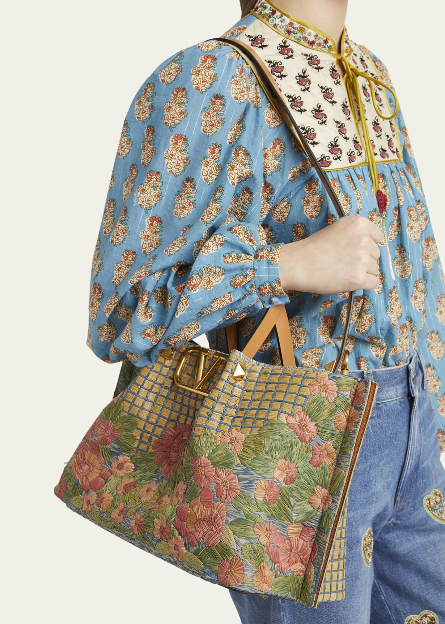 Valentino Garavani Floral-Embroidered Raffia Tote Bag Image 2 of 5