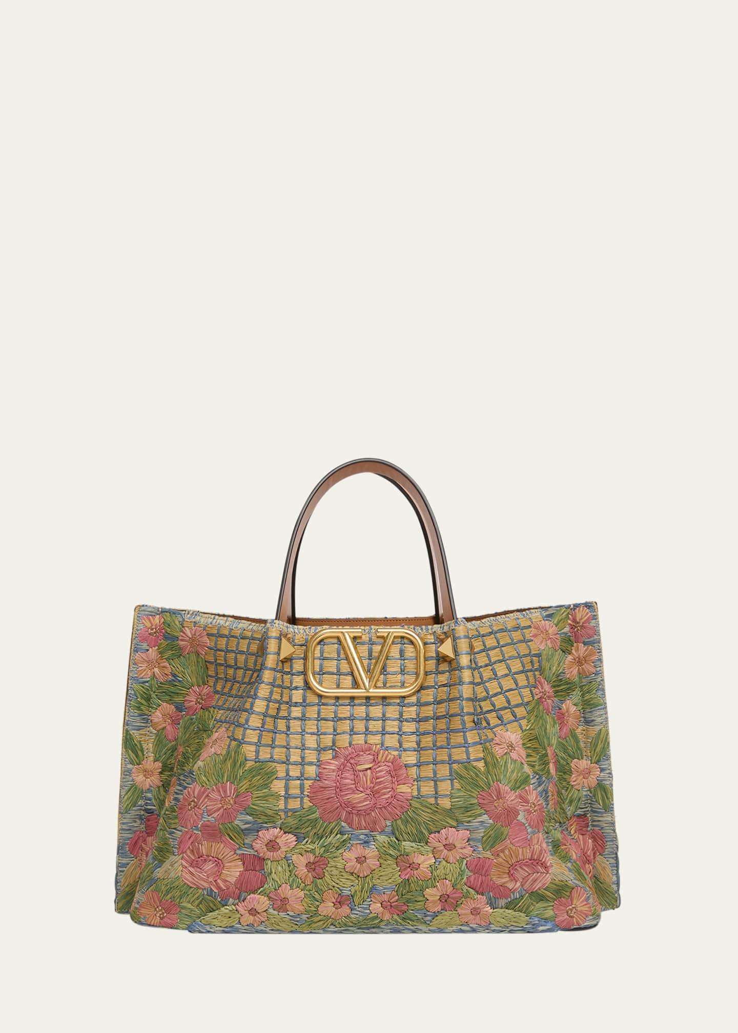 Valentino Garavani Floral-Embroidered Raffia Tote Bag Image 1 of 5