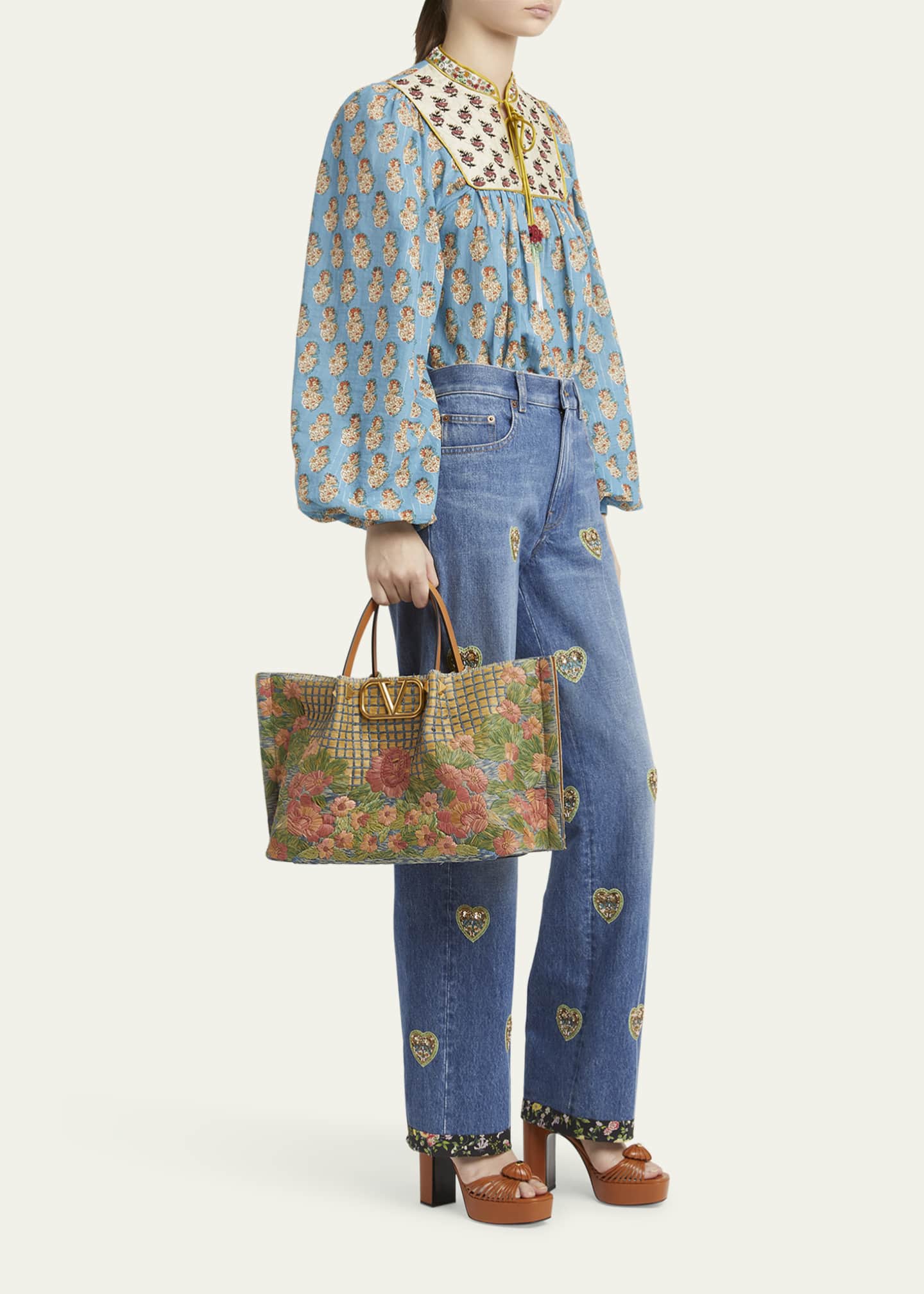 Valentino Garavani Floral-Embroidered Raffia Tote Bag Image 5 of 5