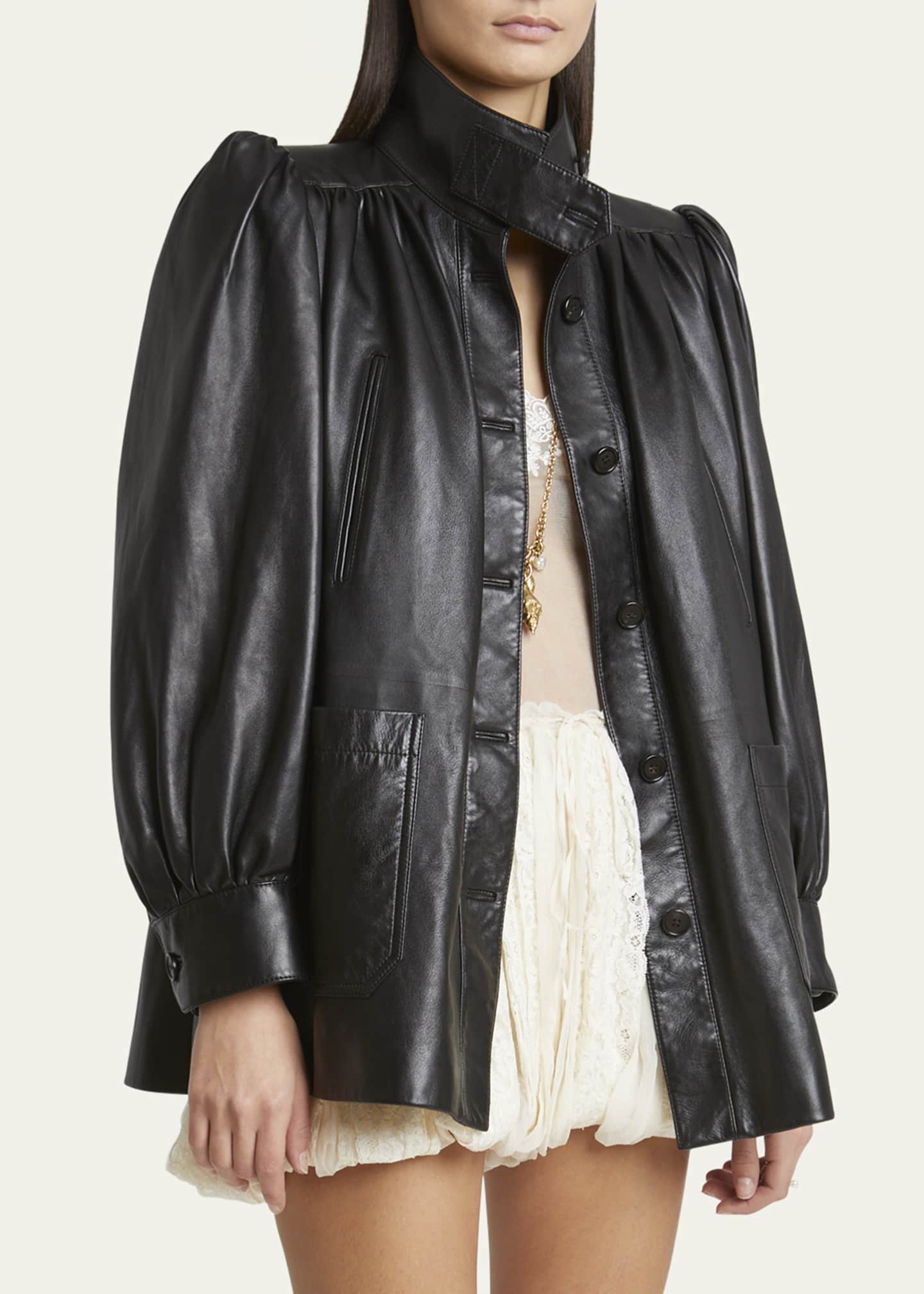 Chloe High-Neck Puff Sleeve Leather Jacket Image 4 of 5