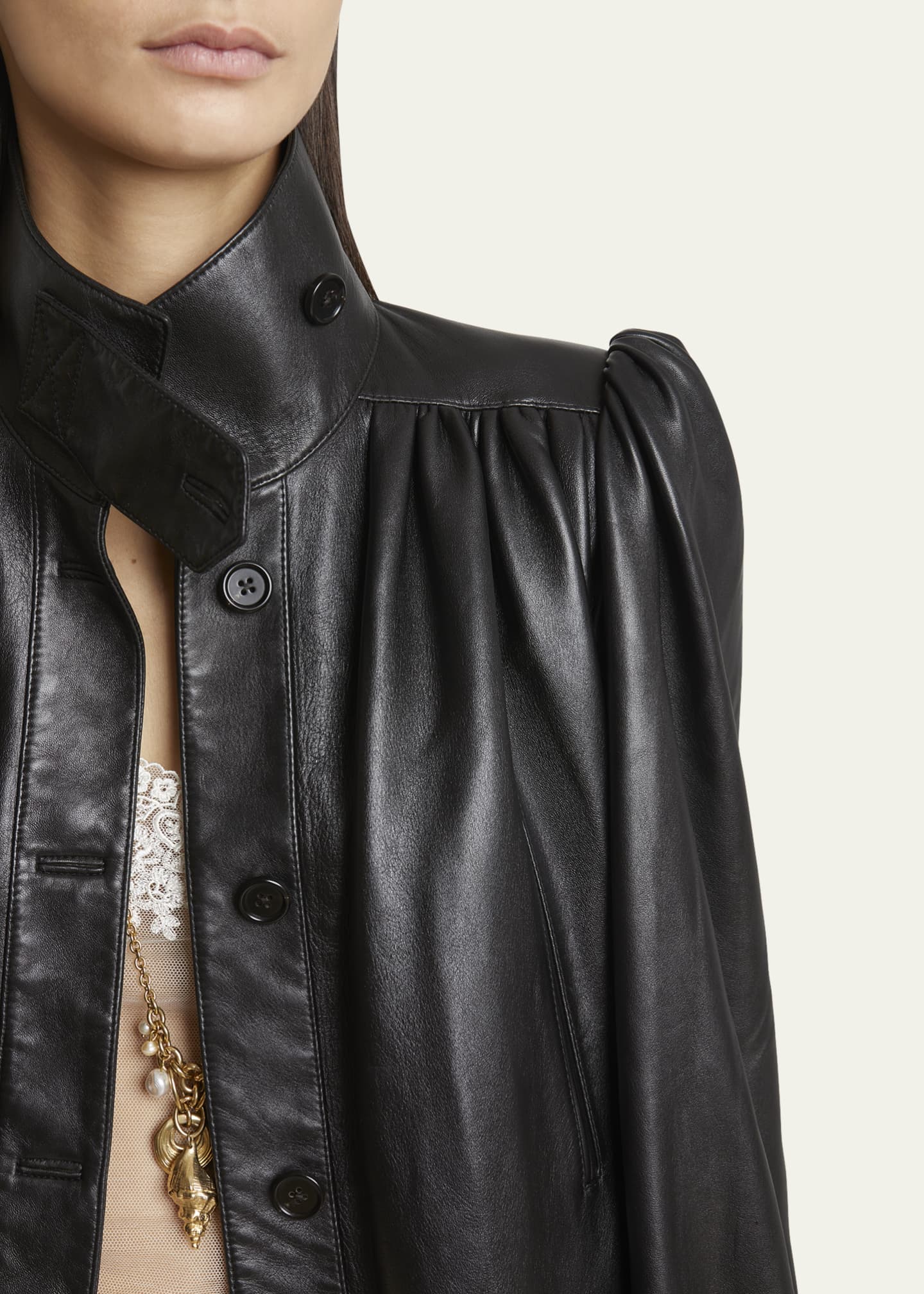 Chloe High-Neck Puff Sleeve Leather Jacket Image 5 of 5
