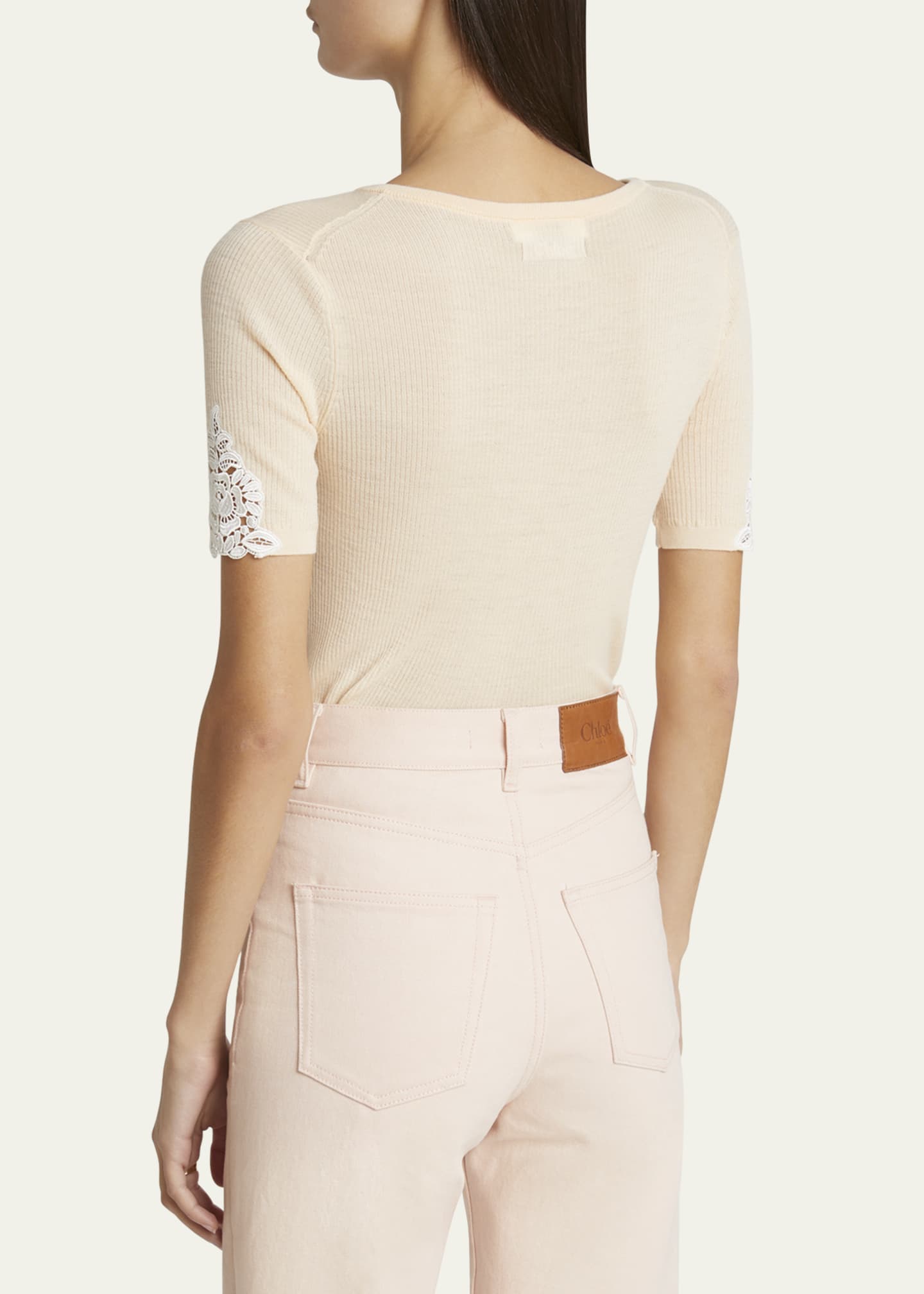 Chlo - Fitted Short-Sleeve Top in Guipure Lace Wool Knit - Bleached Orange - S - Domestic Sheep