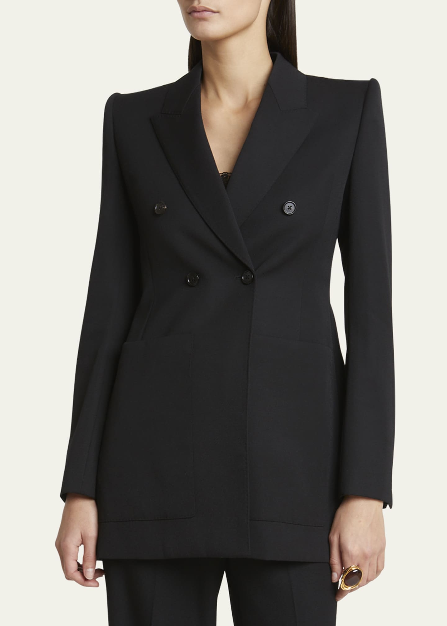 Double-Breasted Wool Tailored Jacket With Patch Pockets
