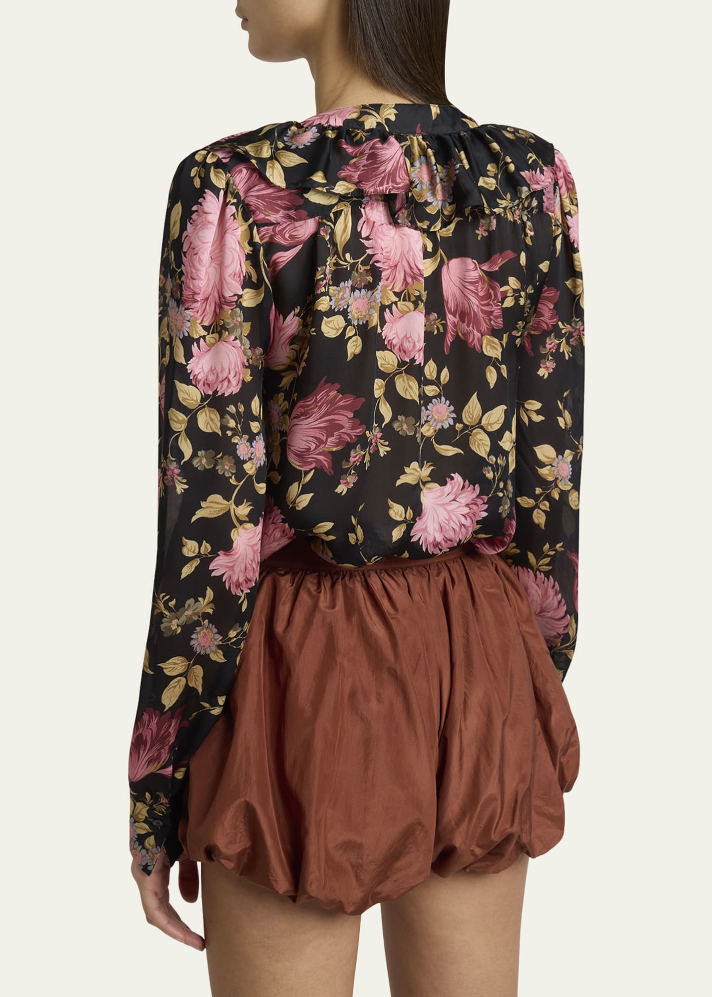 Chloe Floral Ruffle-Trim Button Down Silk Top Image 3 of 5
