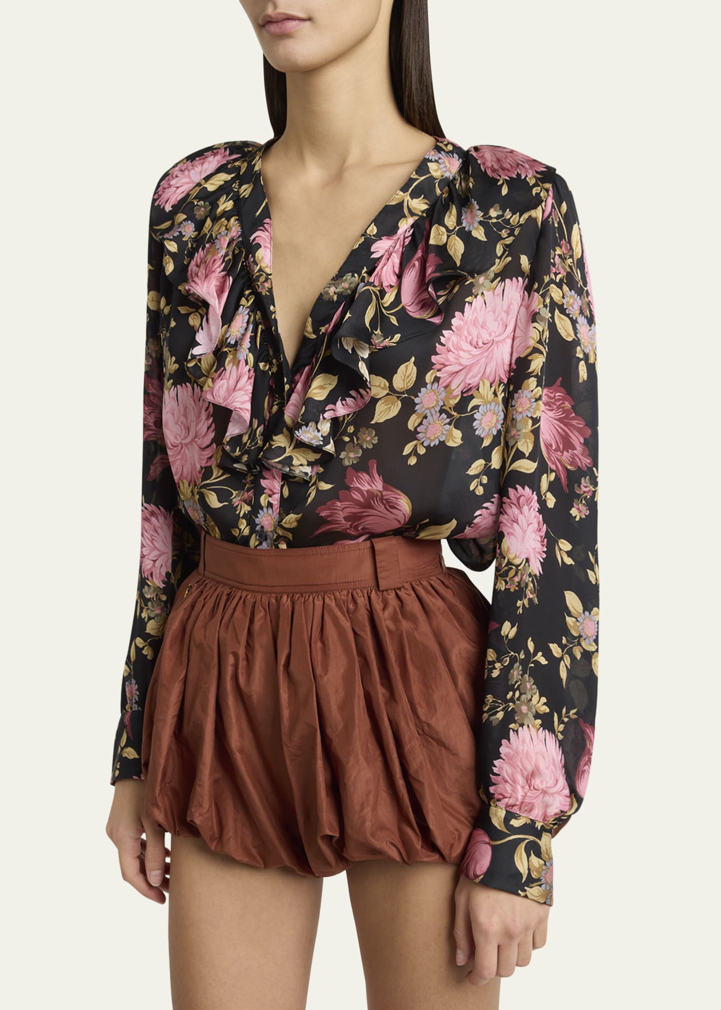 Chloe Floral Ruffle-Trim Button Down Silk Top Image 4 of 5