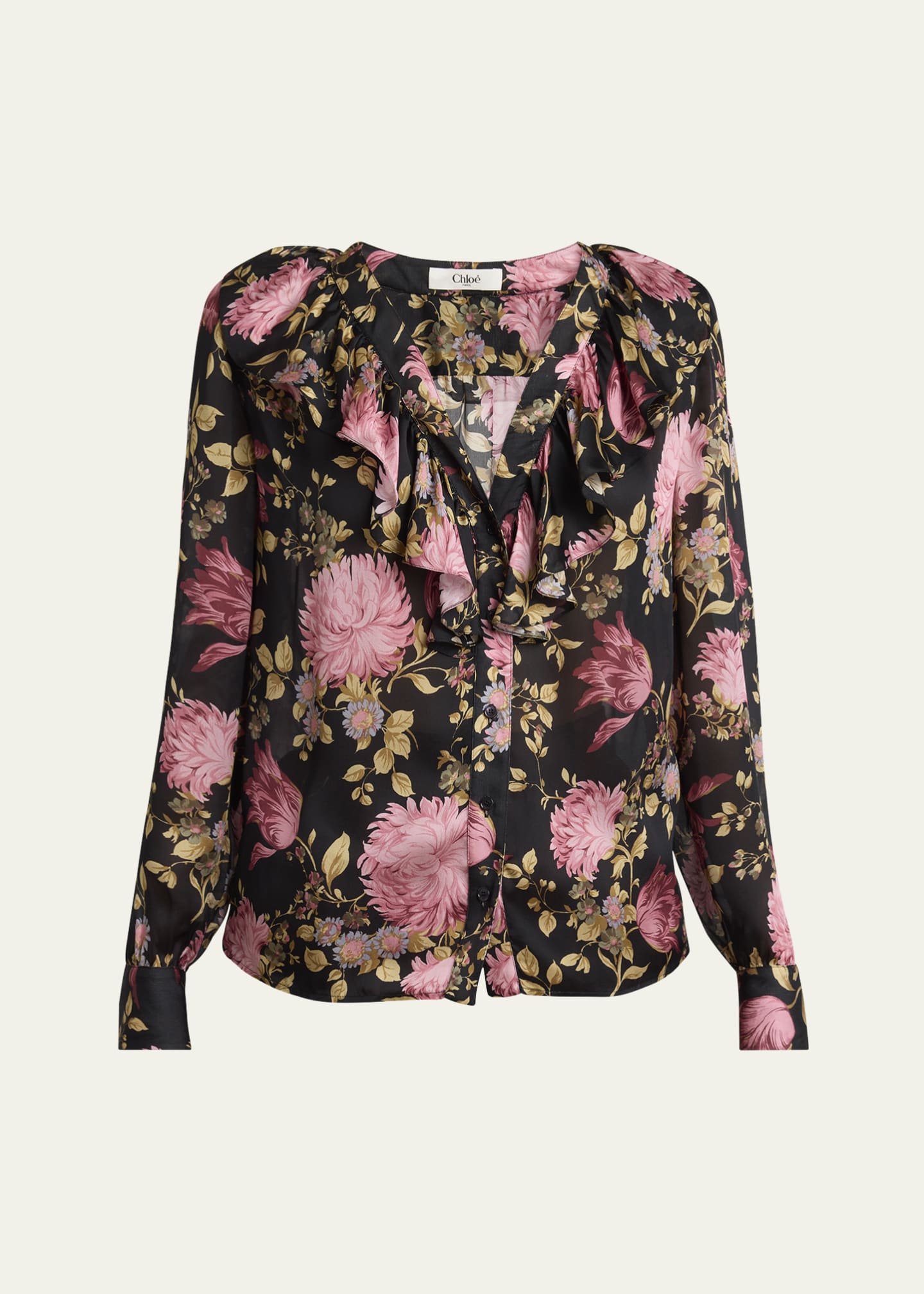 Chloe Floral Ruffle-Trim Button Down Silk Top Image 1 of 5