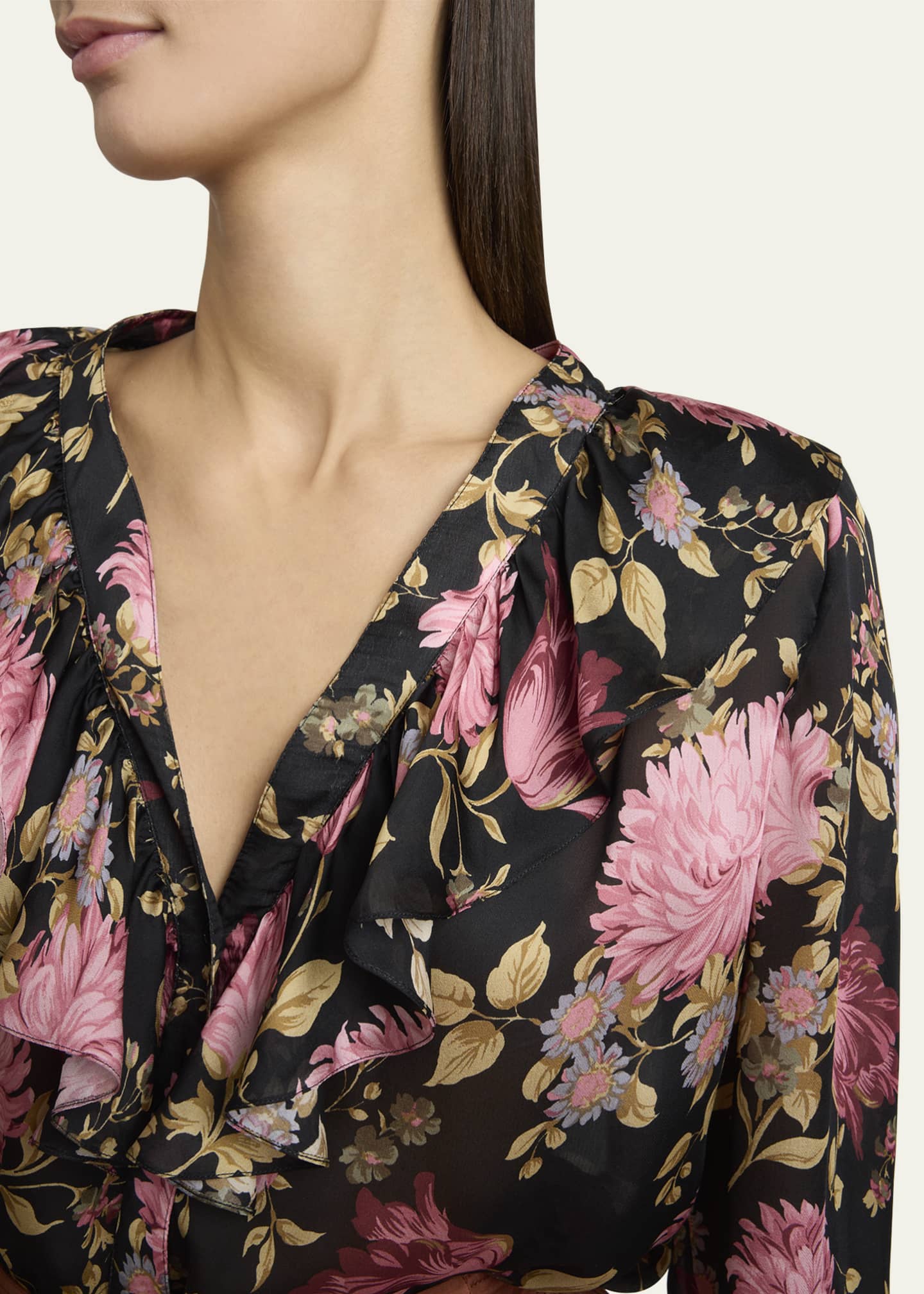 Chloe Floral Ruffle-Trim Button Down Silk Top Image 5 of 5