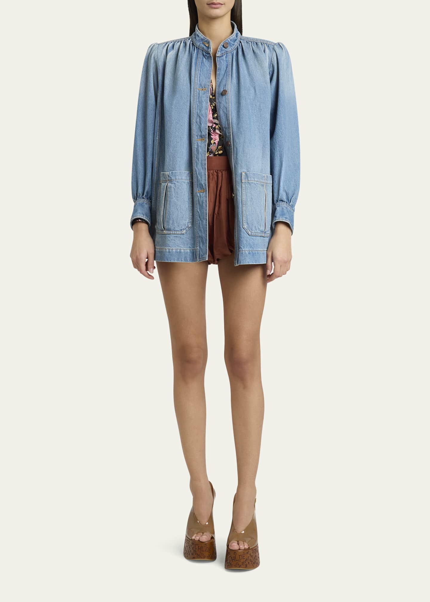 Chloe Long High Neck Gathered Denim Jacket Image 2 of 5