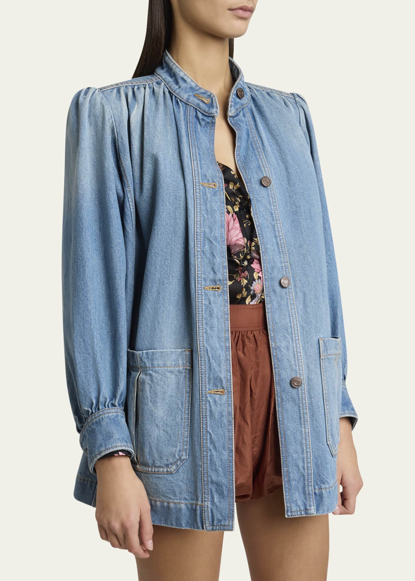 Chloe Long High Neck Gathered Denim Jacket Image 4 of 5