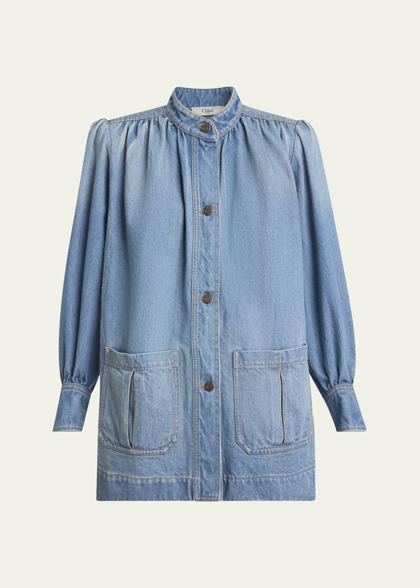 Chloe Long High Neck Gathered Denim Jacket Image 1 of 5