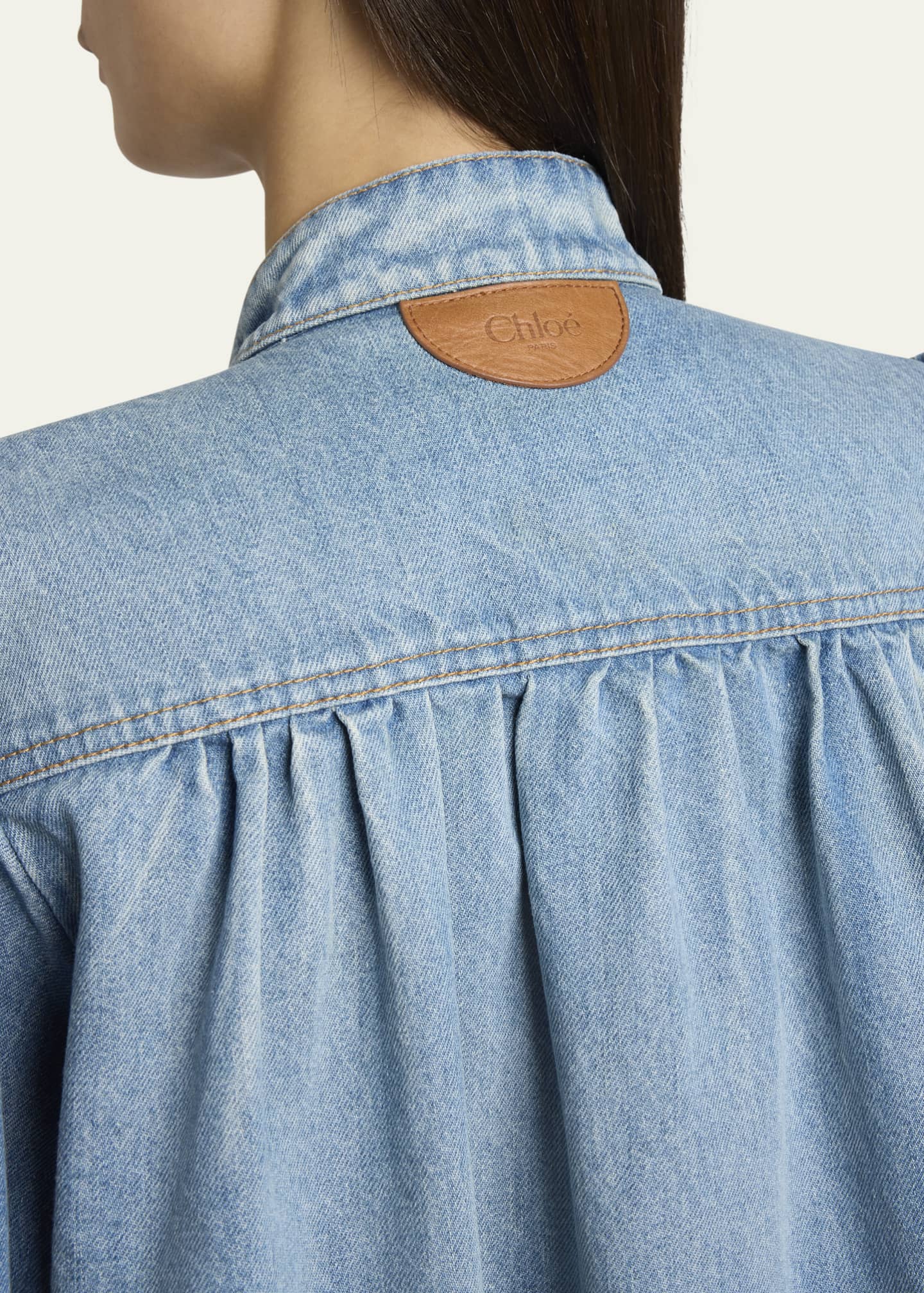 Chloe Long High Neck Gathered Denim Jacket Image 5 of 5
