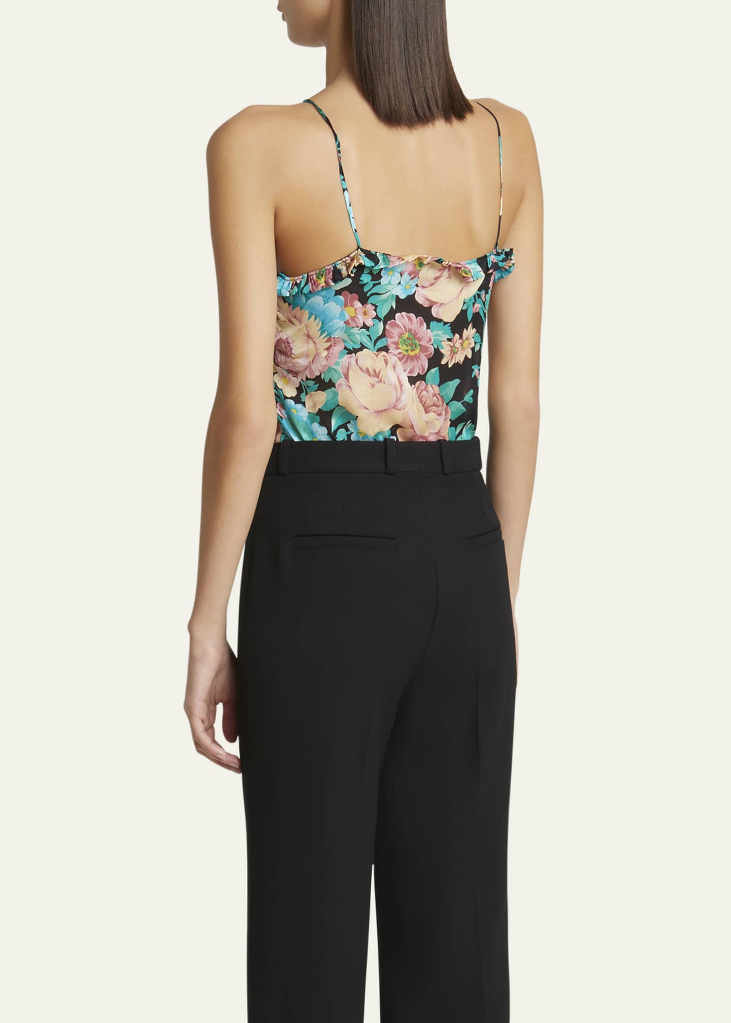 Chloe Floral Ruched Ruffle-Trim Silk Tank Top Image 3 of 5