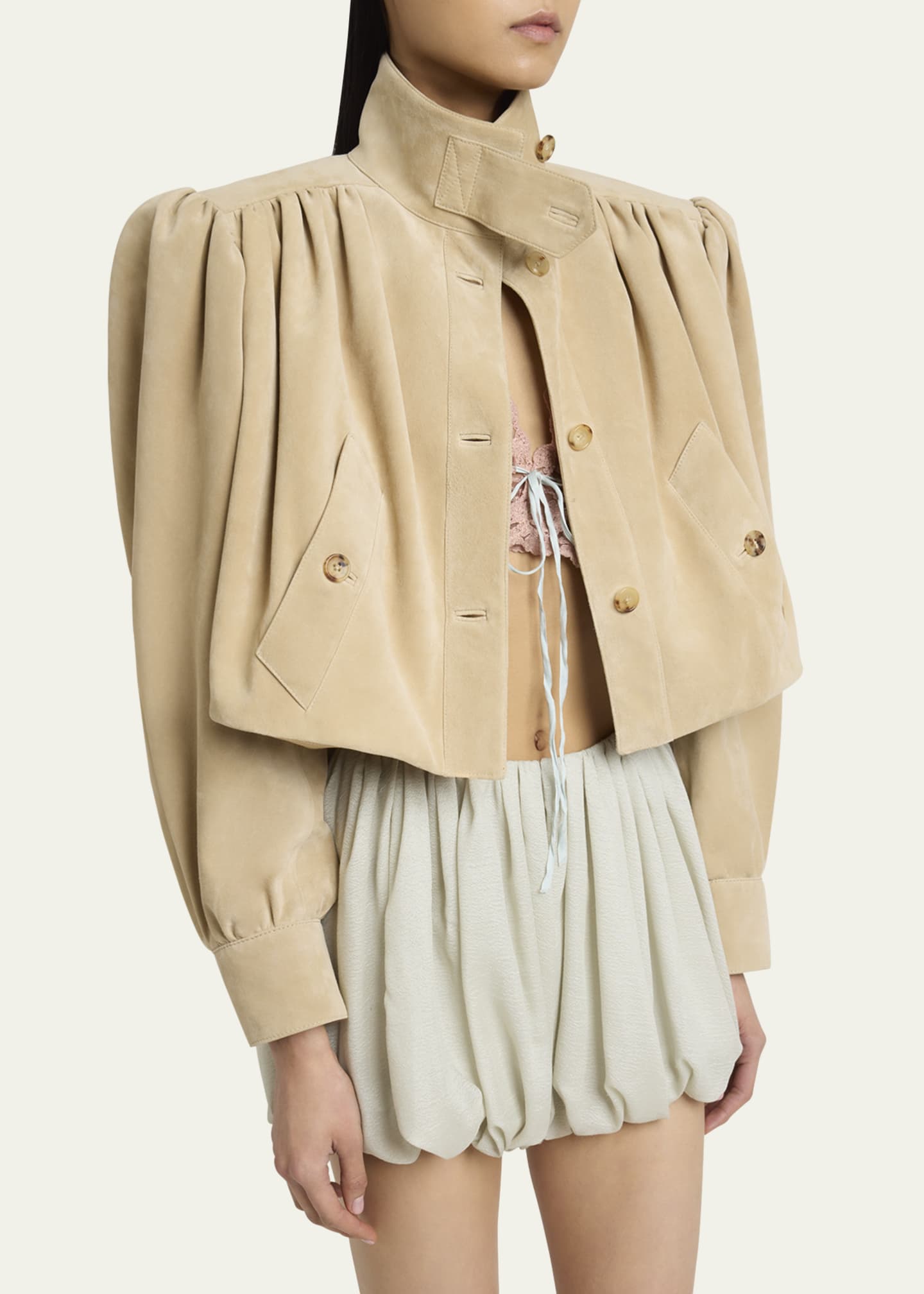 Chloe Suede High Neck Gathered Shoulder Cropped Jacket Image 4 of 5