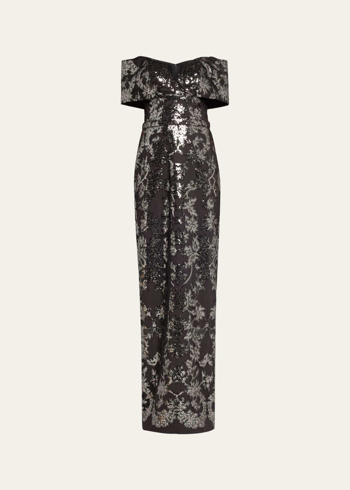 Pamella Roland Sequined Mesh Tulle Off-The-Shoulder Gown Image 1 of 5