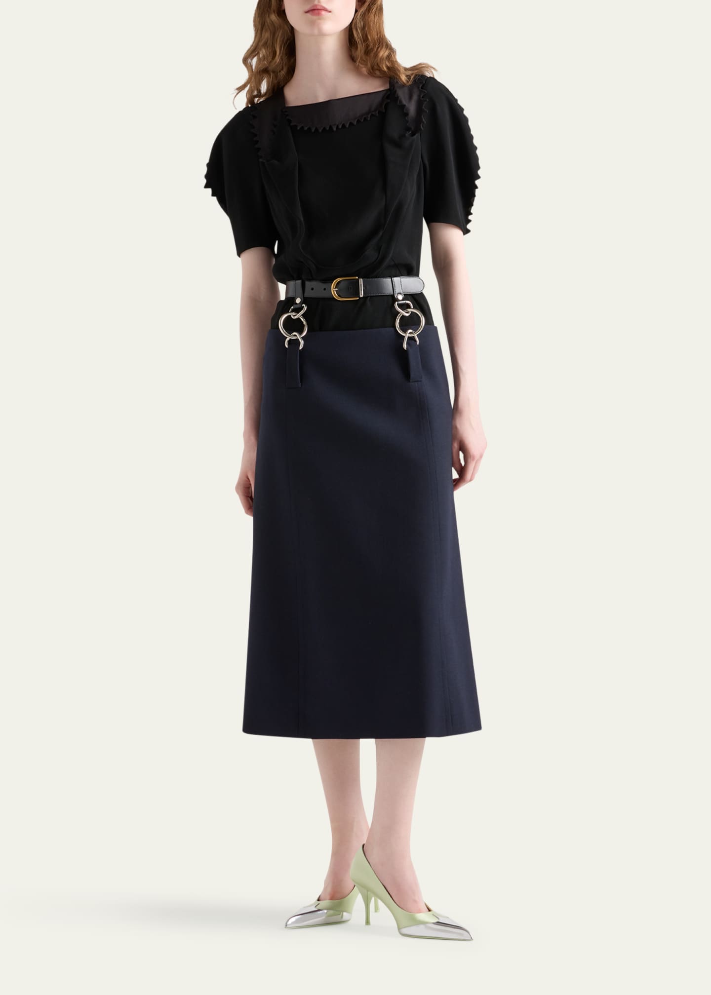 Prada Floating Leather Belt Wool Midi Skirt Image 2 of 3