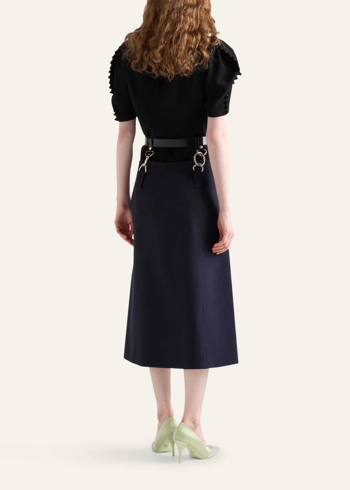 Prada Floating Leather Belt Wool Midi Skirt Image 3 of 3
