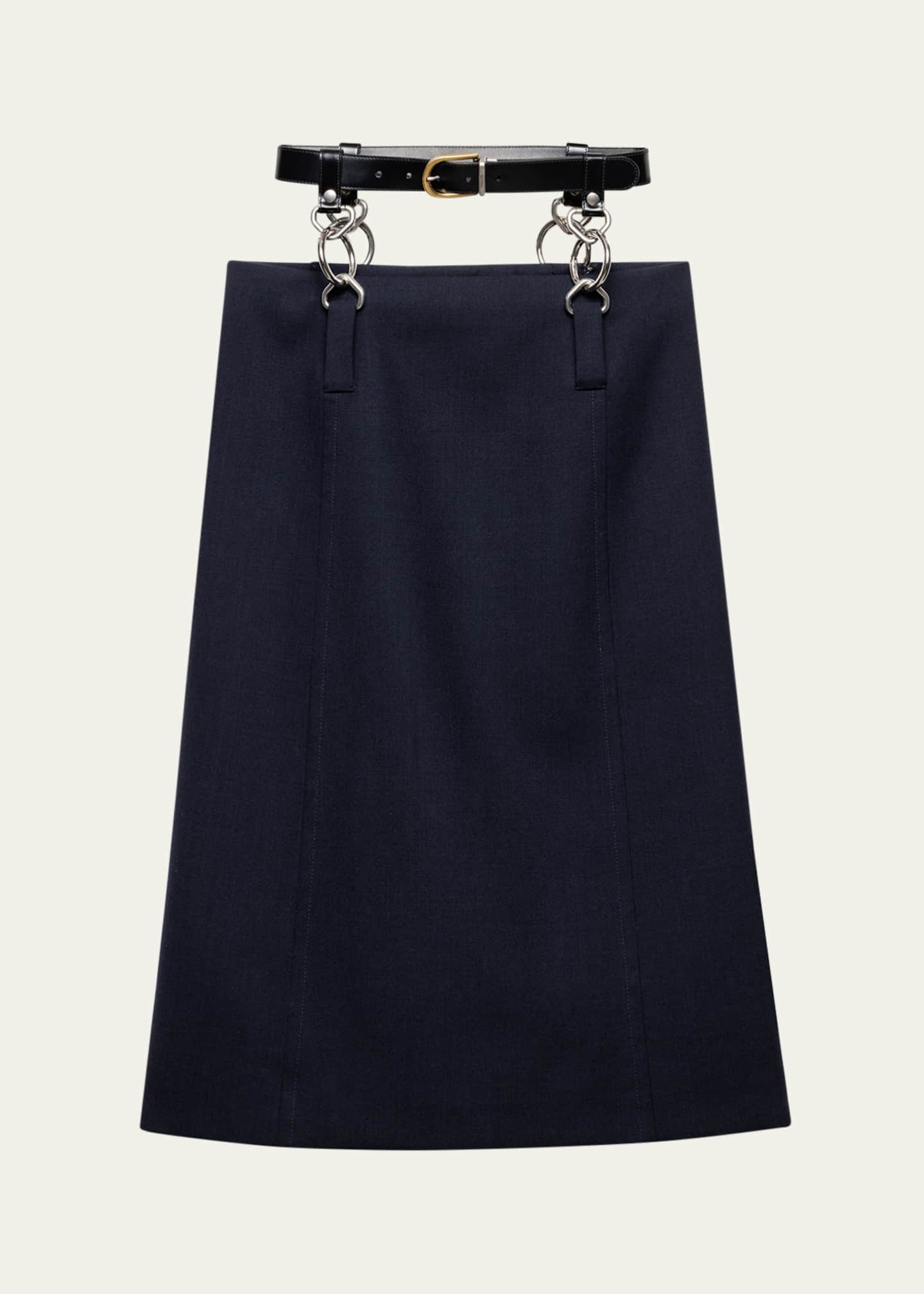 Prada Floating Leather Belt Wool Midi Skirt Image 1 of 3