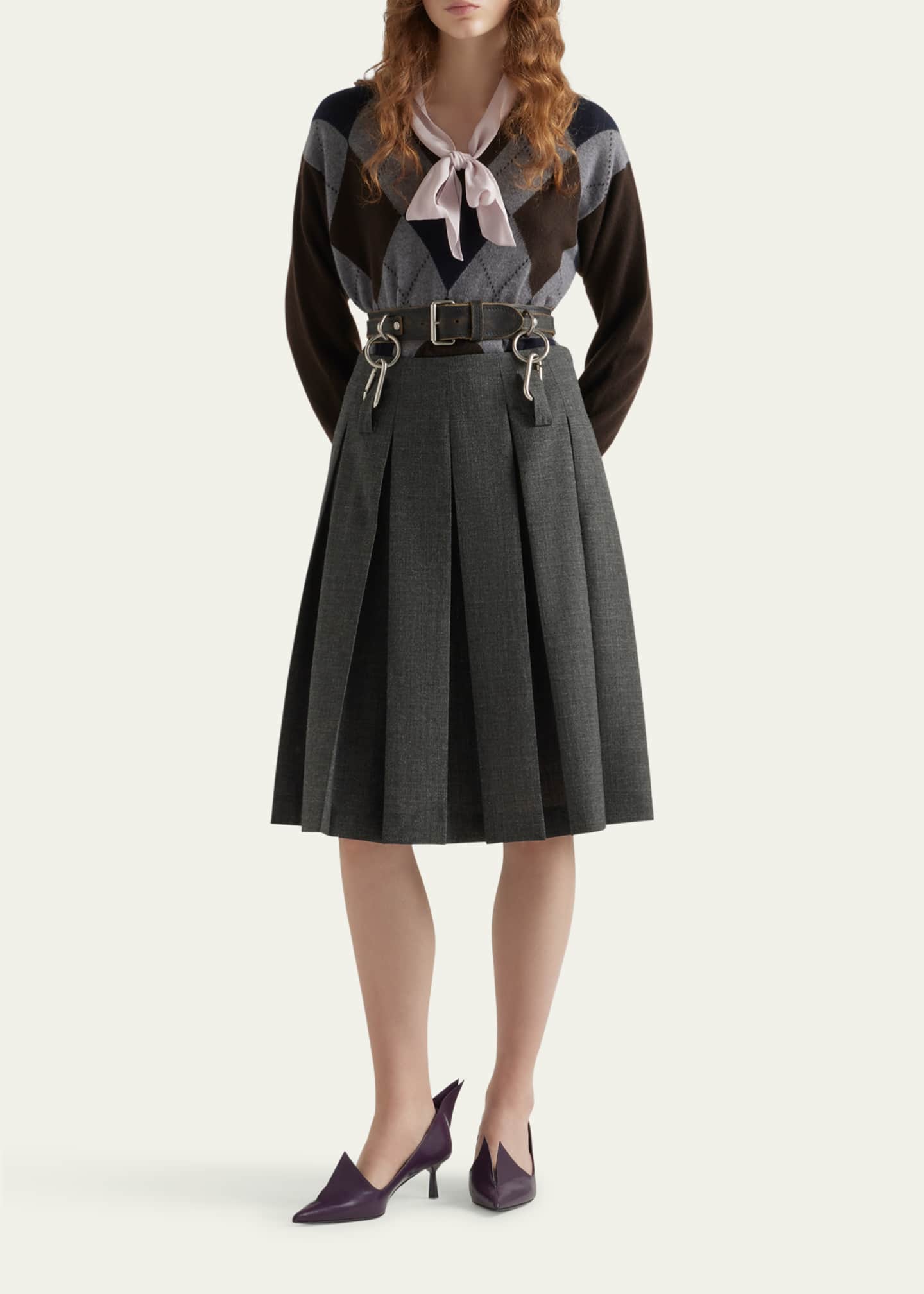 Prada Suspended Leather Belt Pleated Wool Skirt Image 2 of 4