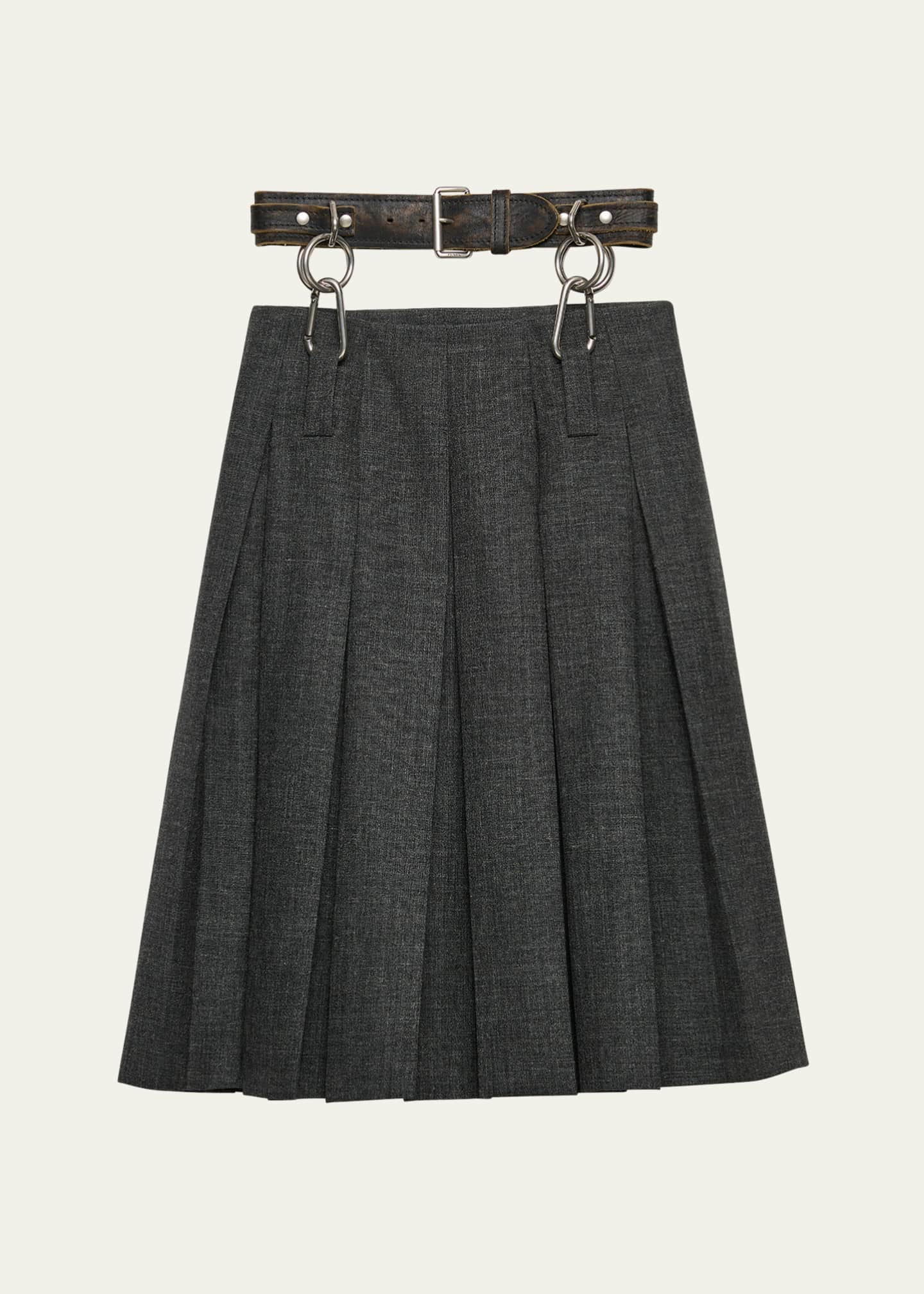 Prada Suspended Leather Belt Pleated Wool Skirt Image 1 of 4