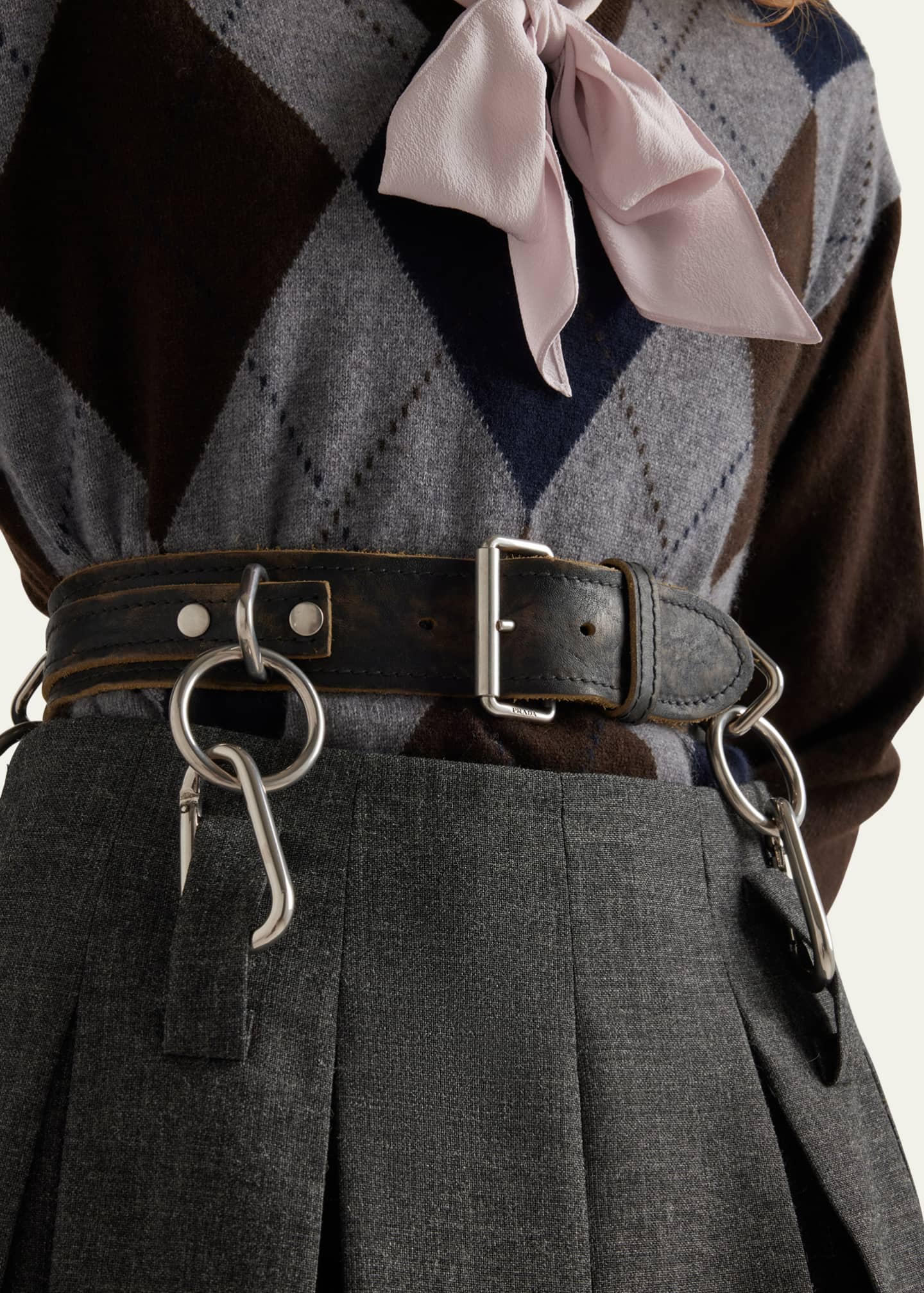Prada Suspended Leather Belt Pleated Wool Skirt Image 4 of 4