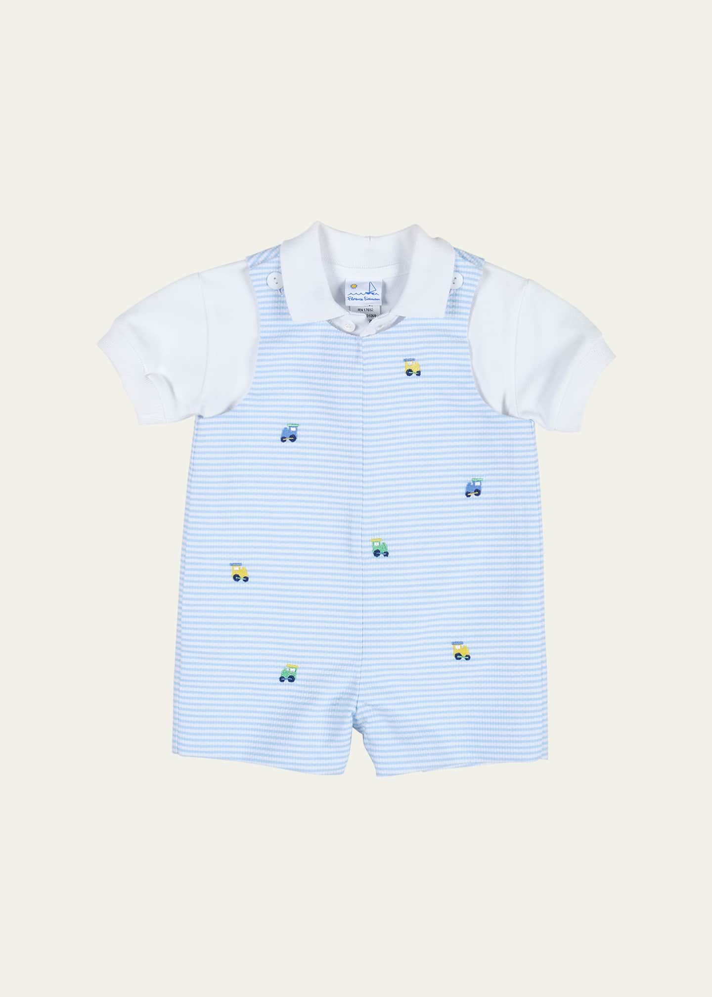 Florence Eiseman Boy's Striped Embroidered Trains Shortall W/ Polo Shirt, Size 3M-18M