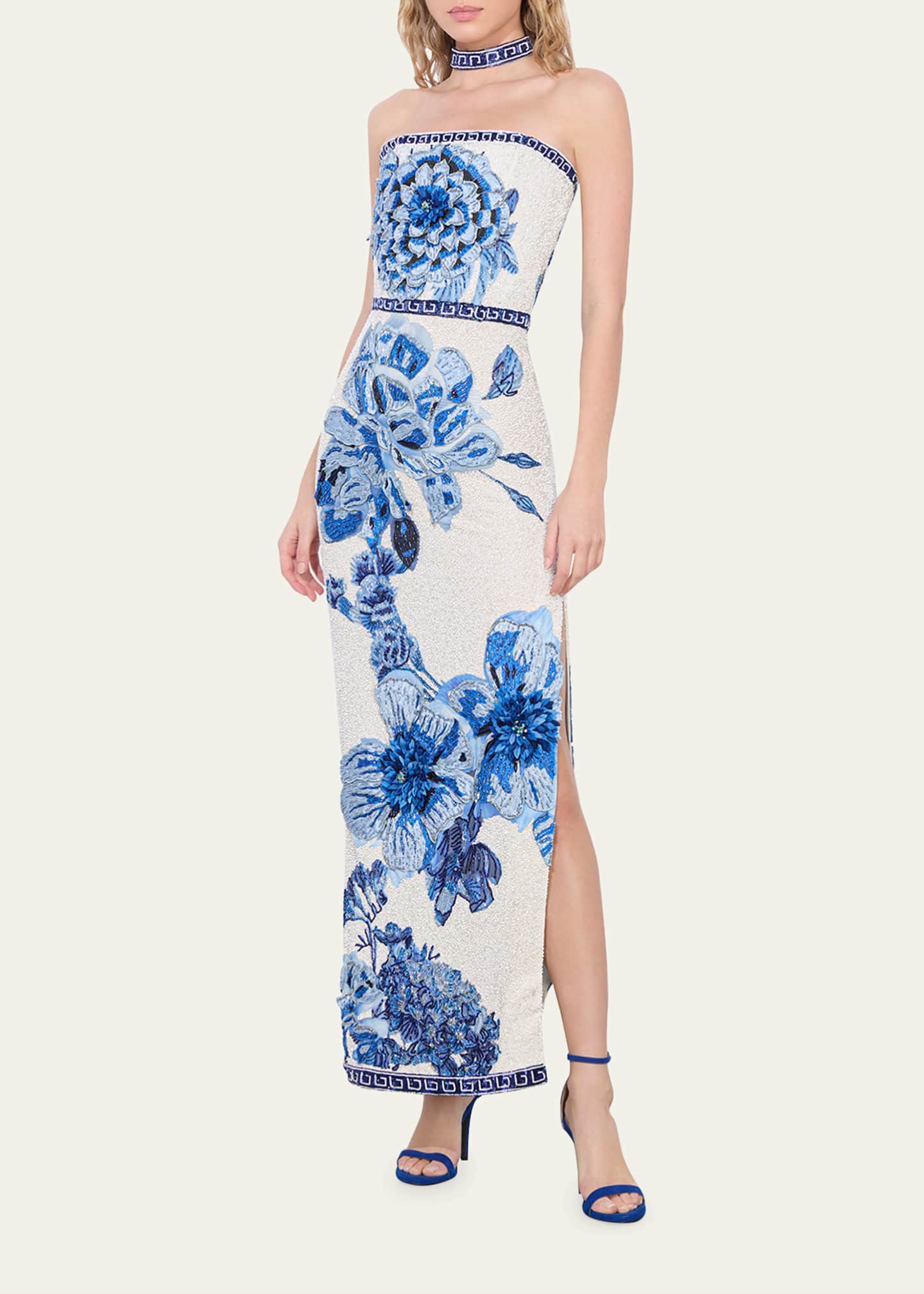 Alice + Olivia Georgie Embellished Strapless High Slit Gown with Collar Image 2 of 5