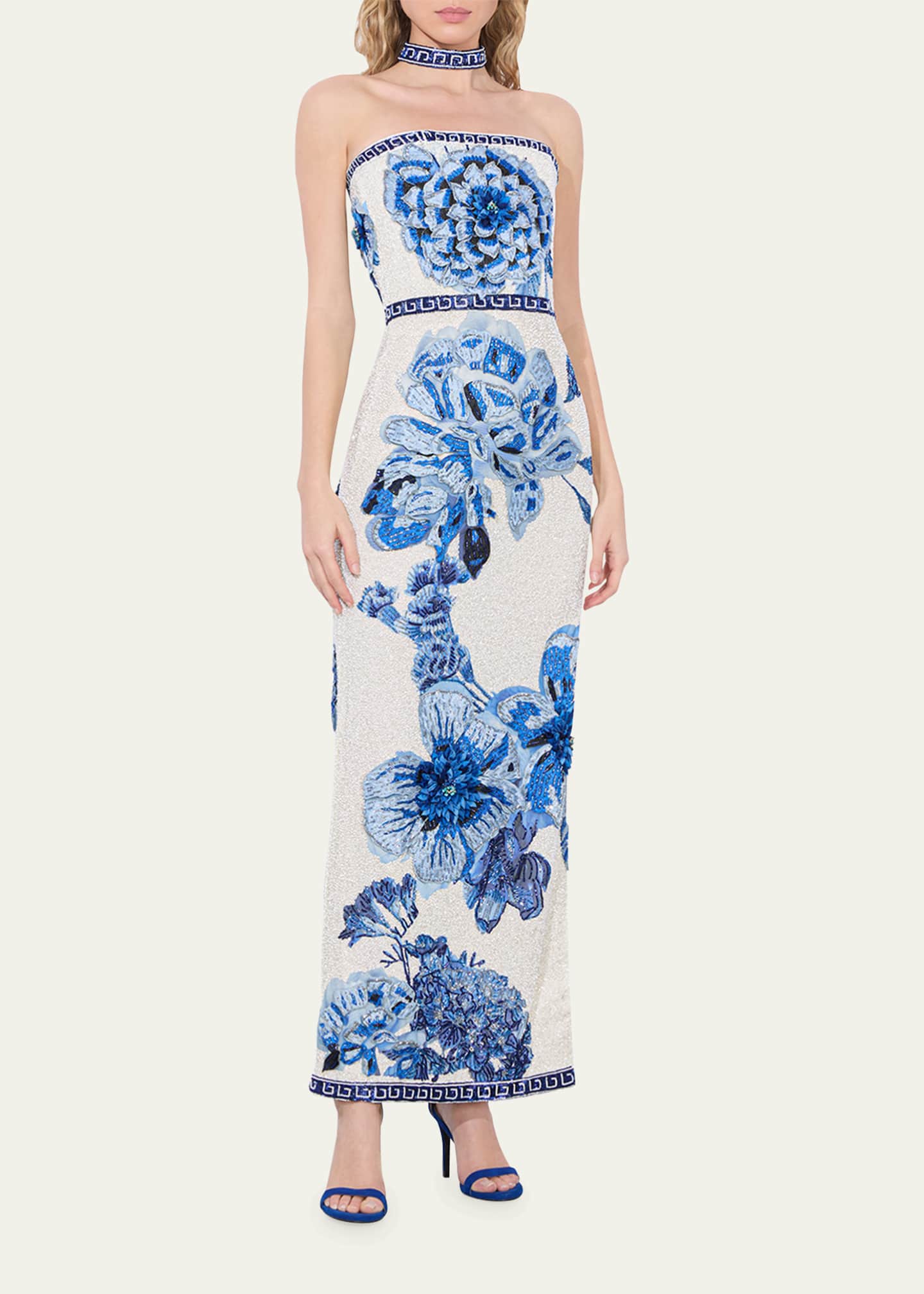 Alice + Olivia Georgie Embellished Strapless High Slit Gown with Collar Image 4 of 5