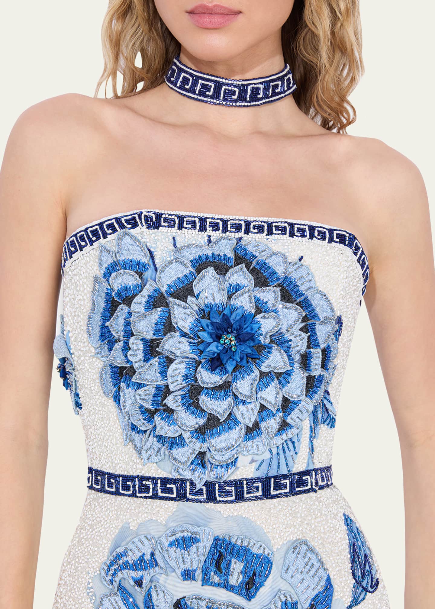 Alice + Olivia Georgie Embellished Strapless High Slit Gown with Collar Image 5 of 5