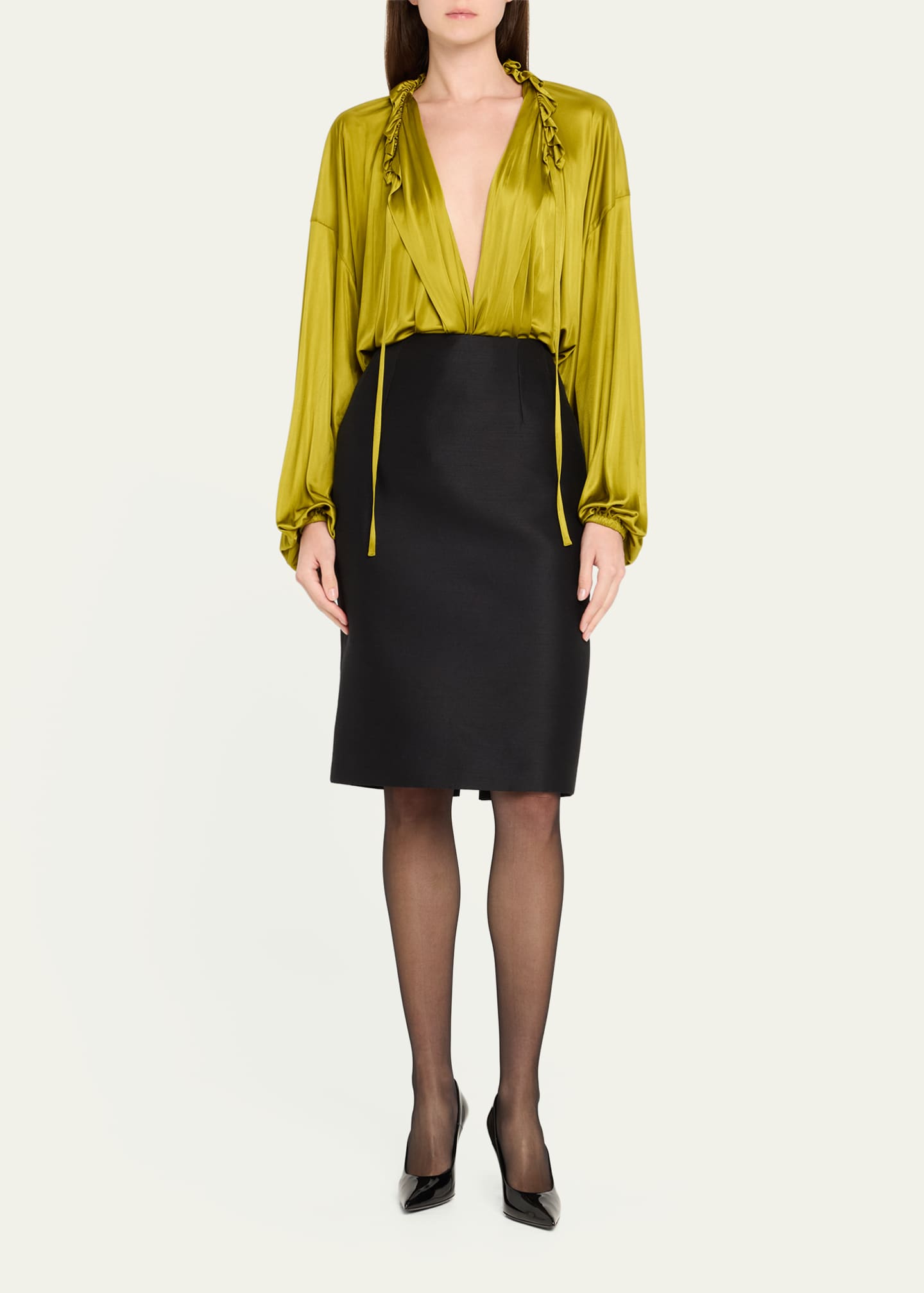 Saint Laurent Ruffle Collar Drawstring Satin Blouse Image 2 of 5