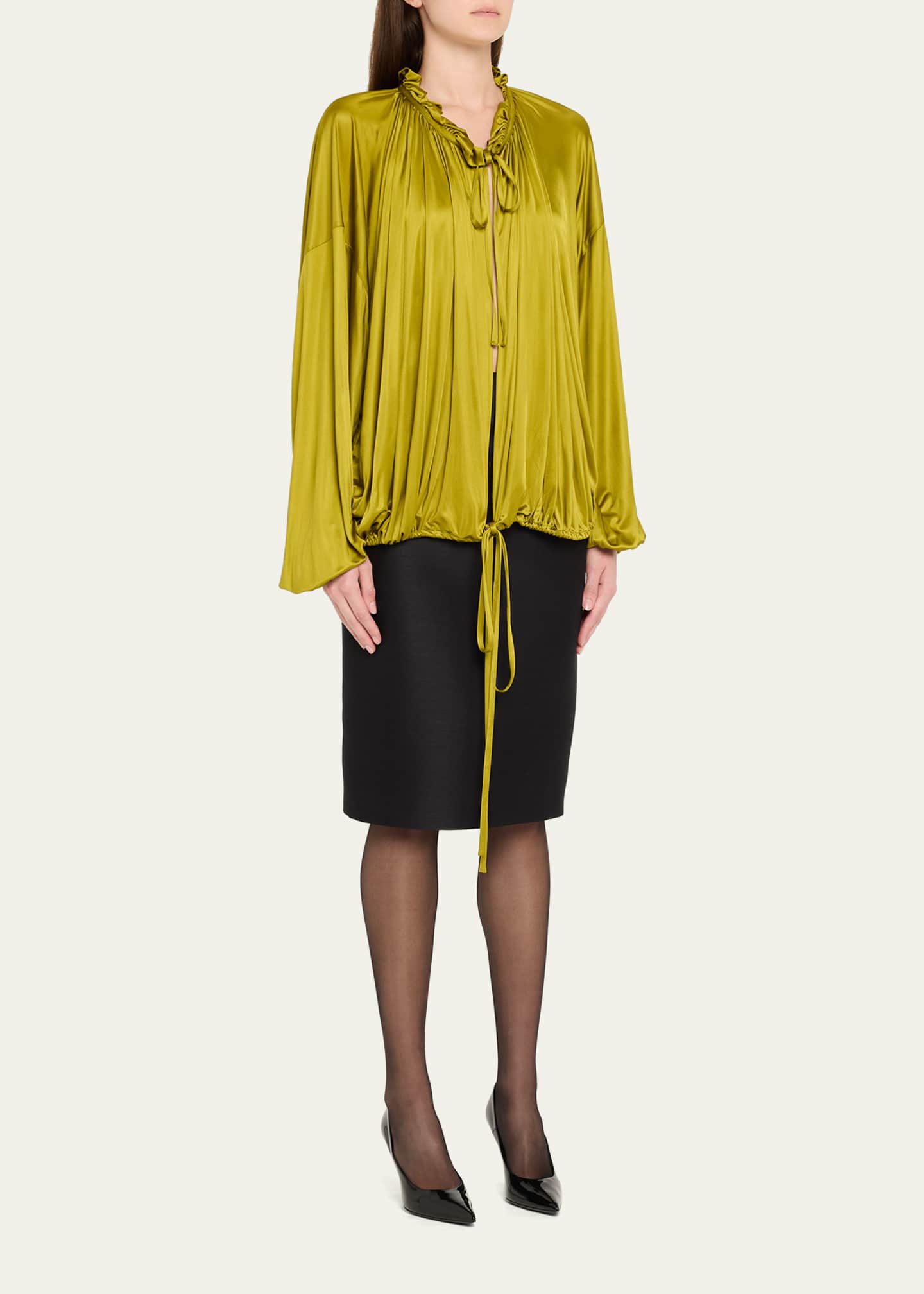 Saint Laurent Ruffle Collar Drawstring Satin Blouse Image 4 of 5