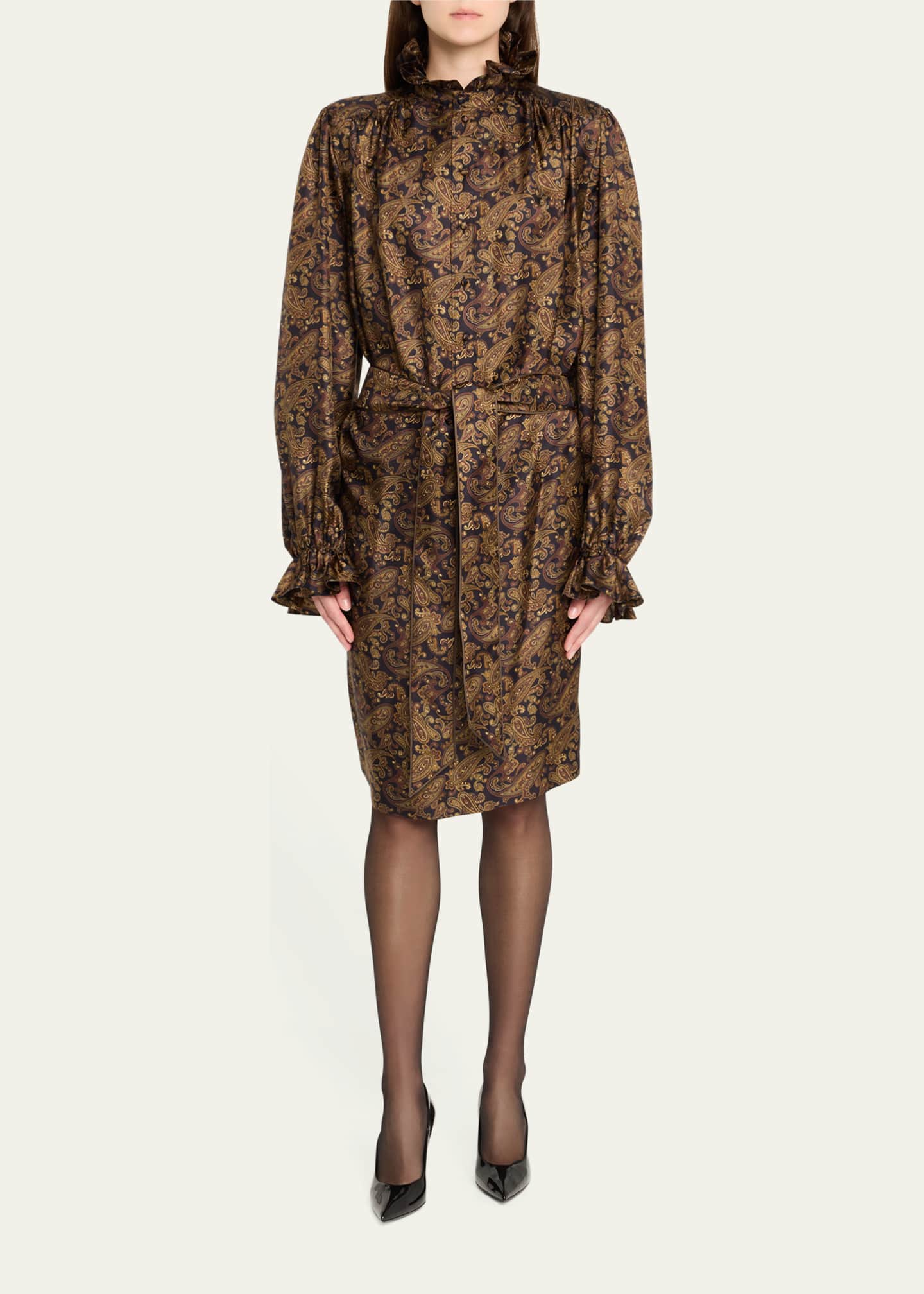 Saint Laurent High-Neck Paisley-Print Silk Belted Dress Image 2 of 5