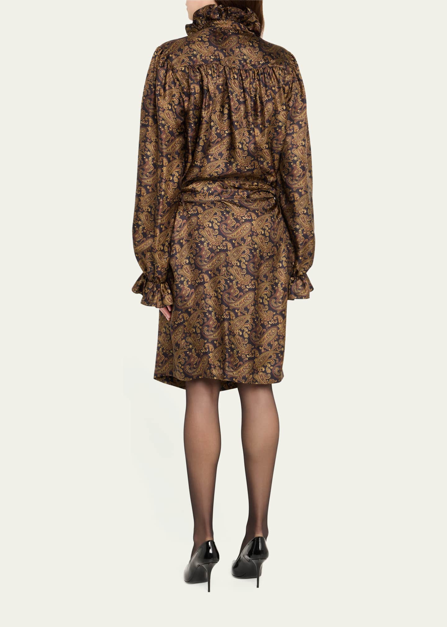 Saint Laurent High-Neck Paisley-Print Silk Belted Dress Image 3 of 5