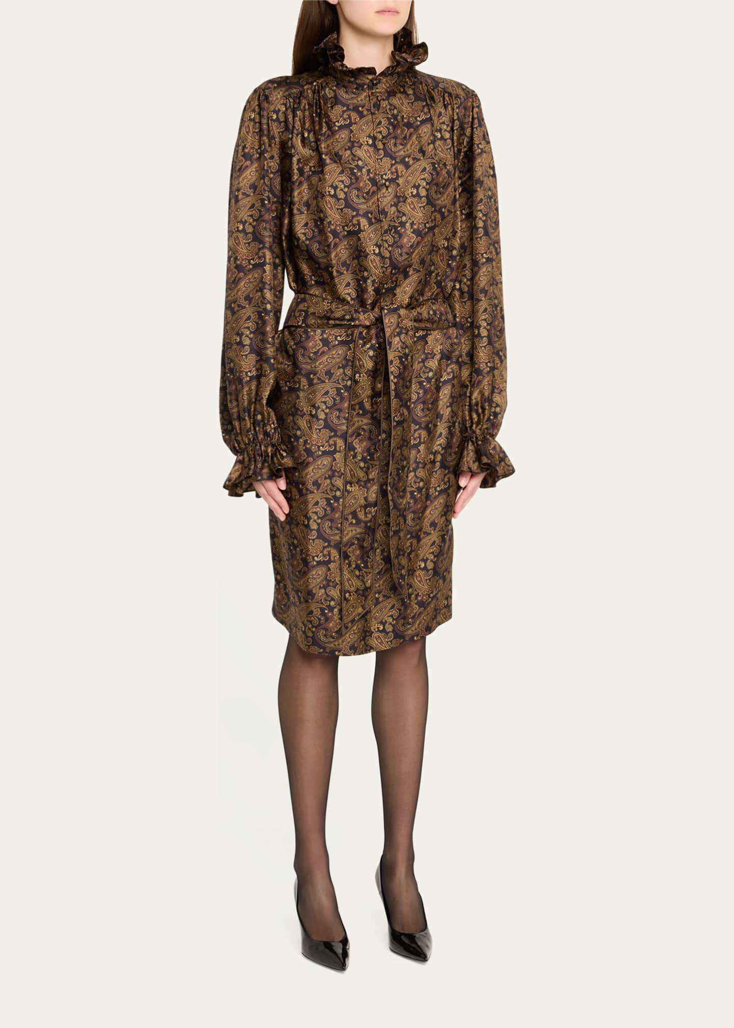 Saint Laurent High-Neck Paisley-Print Silk Belted Dress Image 4 of 5