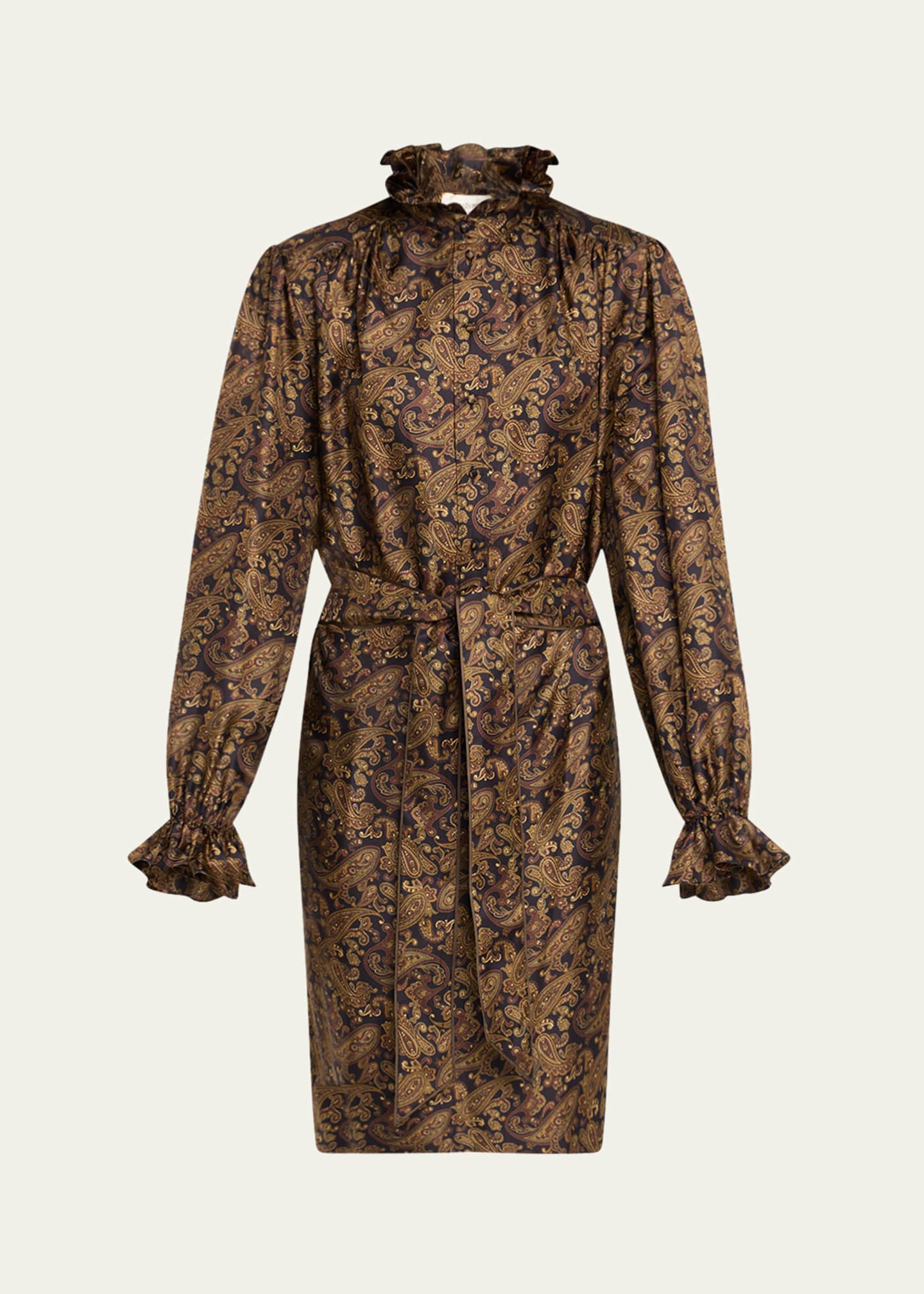 Saint Laurent High-Neck Paisley-Print Silk Belted Dress Image 1 of 5