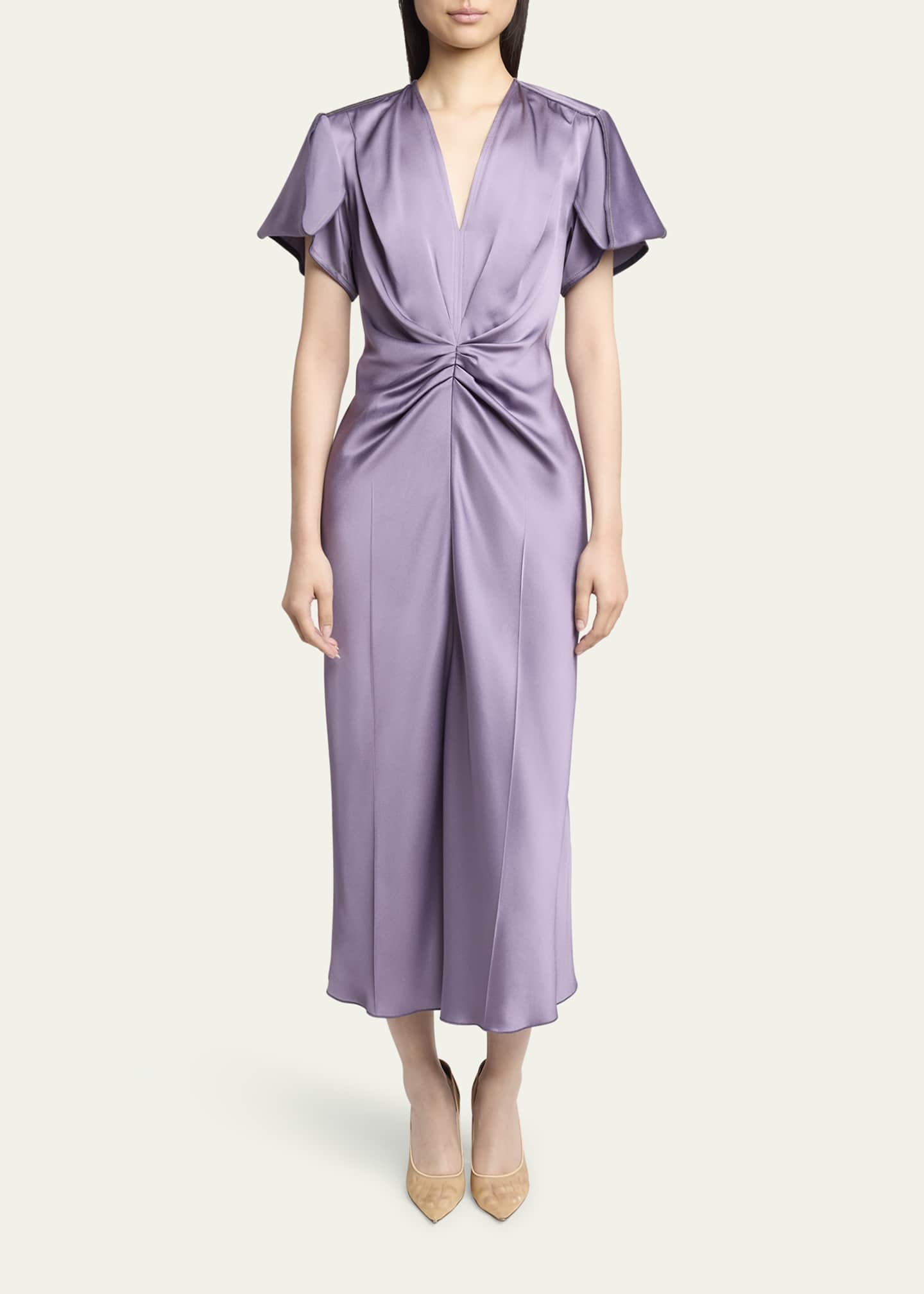 Victoria Beckham Gathered V-Neck Midi Dress Image 2 of 5