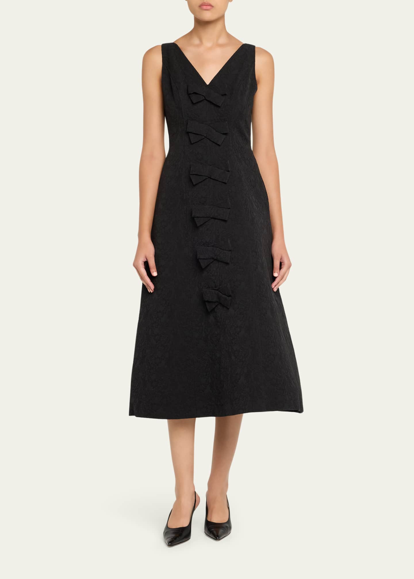 Carolina Herrera V-Neck Bow Floral Brocade Midi Dress Image 2 of 5