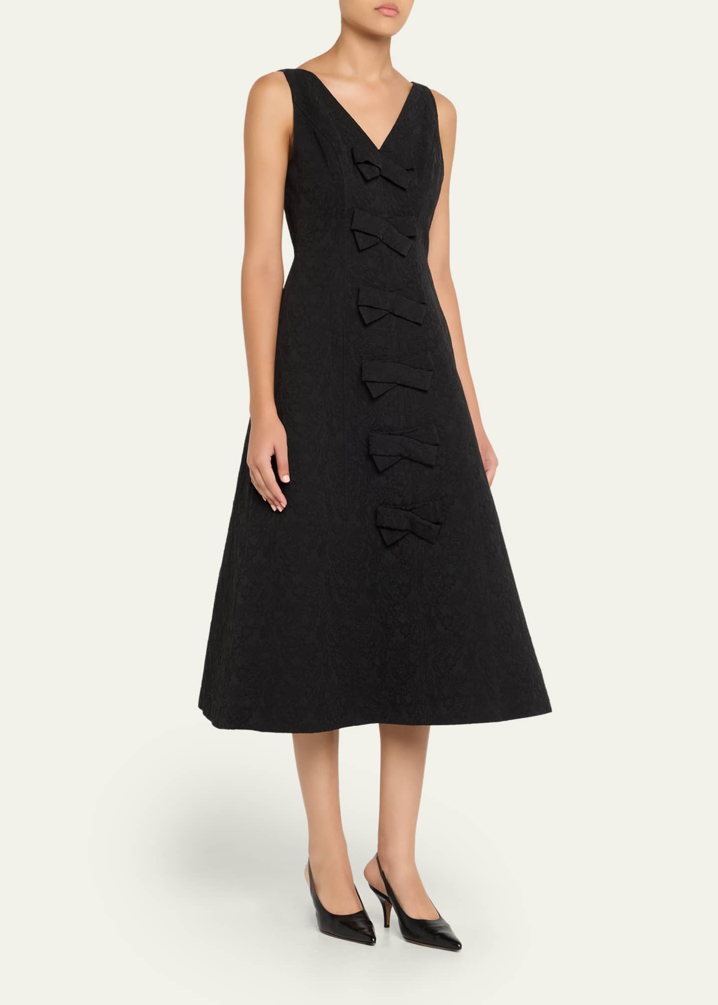 Carolina Herrera V-Neck Bow Floral Brocade Midi Dress Image 4 of 5