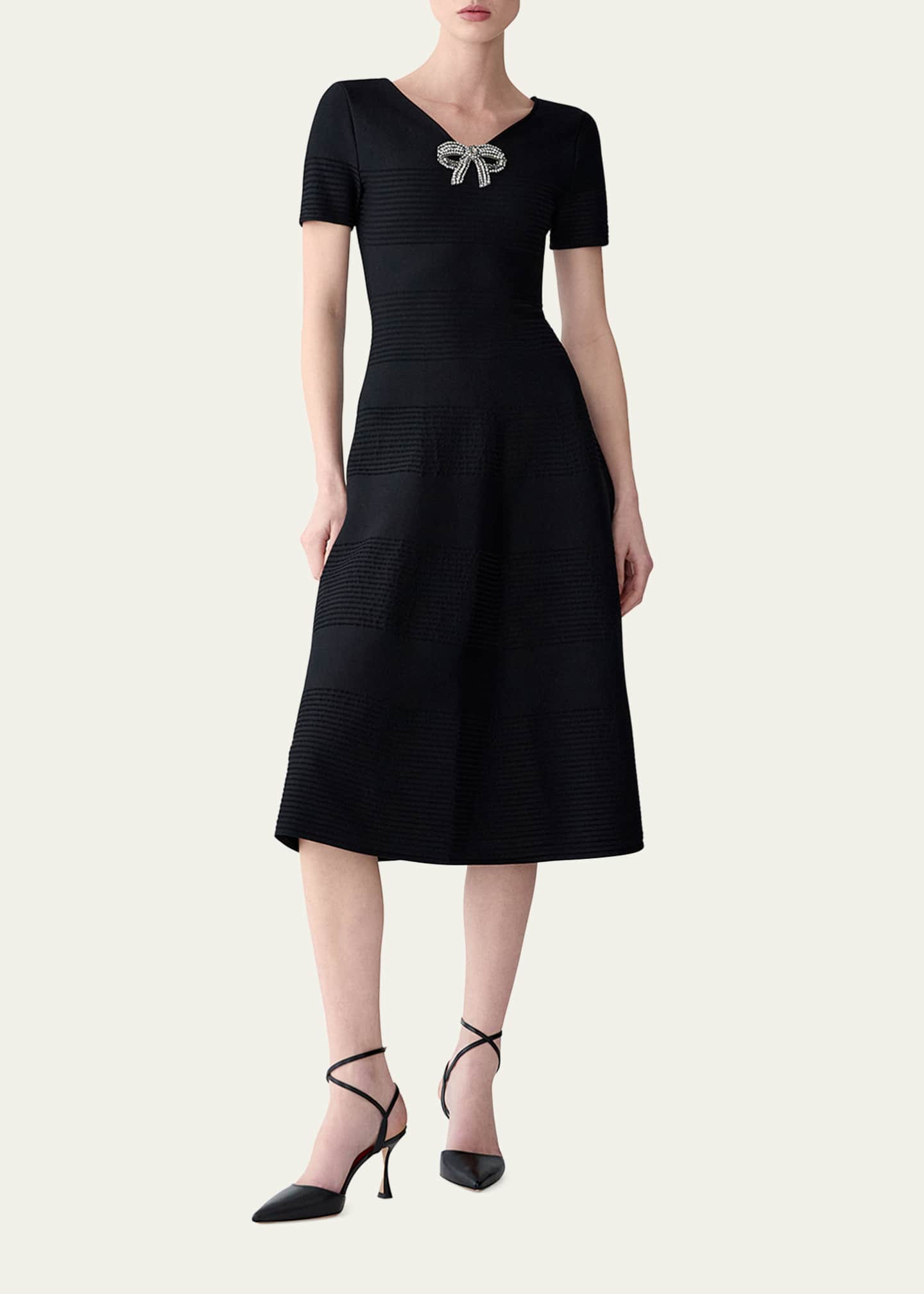 Carolina Herrera Crystal Bow V-Neck Flare Dress Image 2 of 4