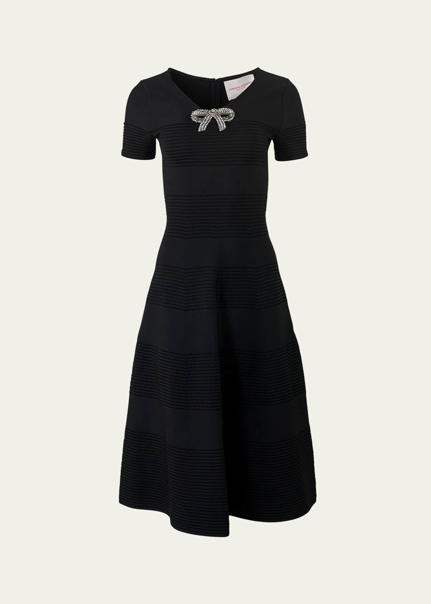 Carolina Herrera Crystal Bow V-Neck Flare Dress Image 1 of 4