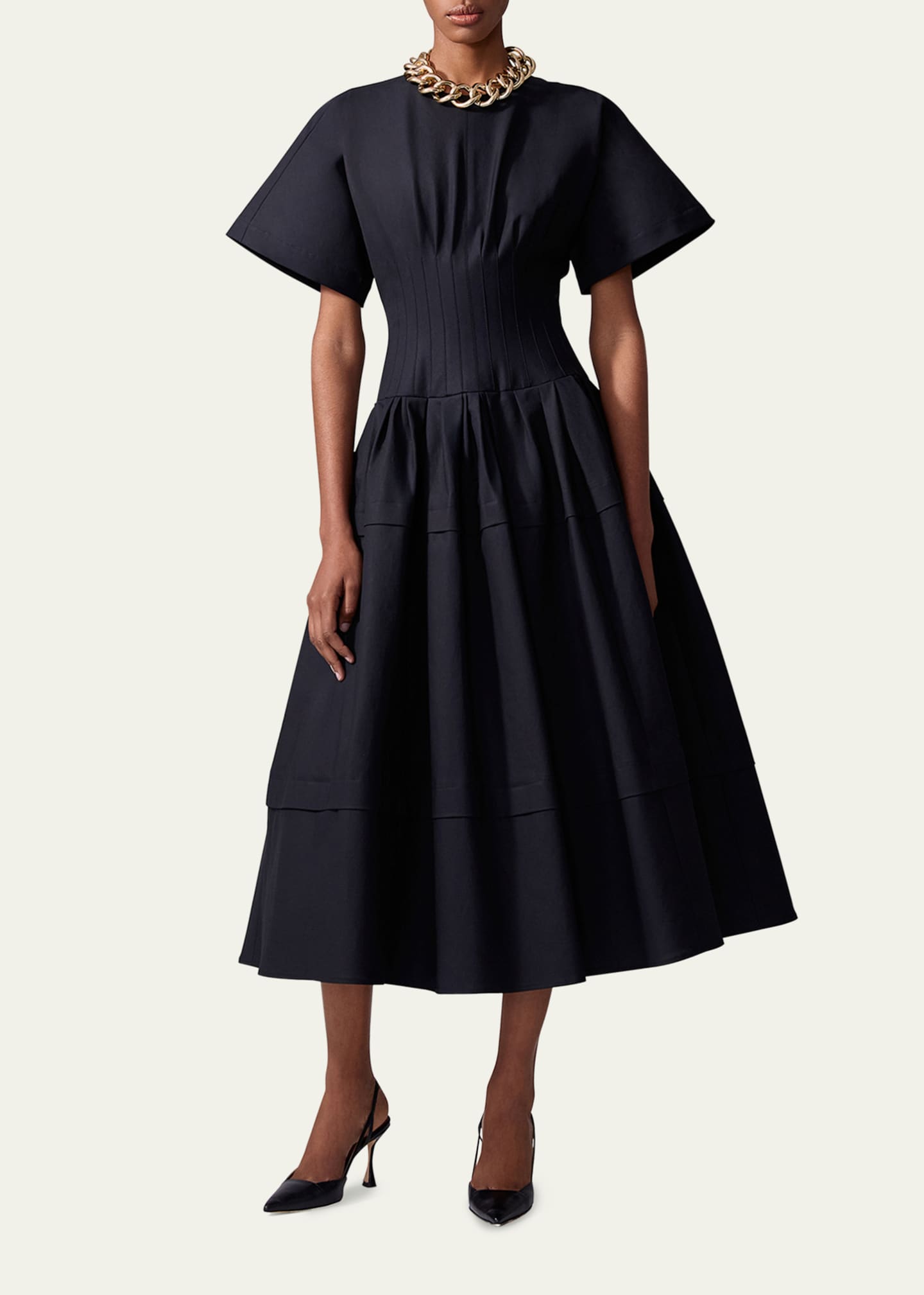 Carolina Herrera Short-Sleeve Pleated-Waist Midi Dress Image 2 of 4