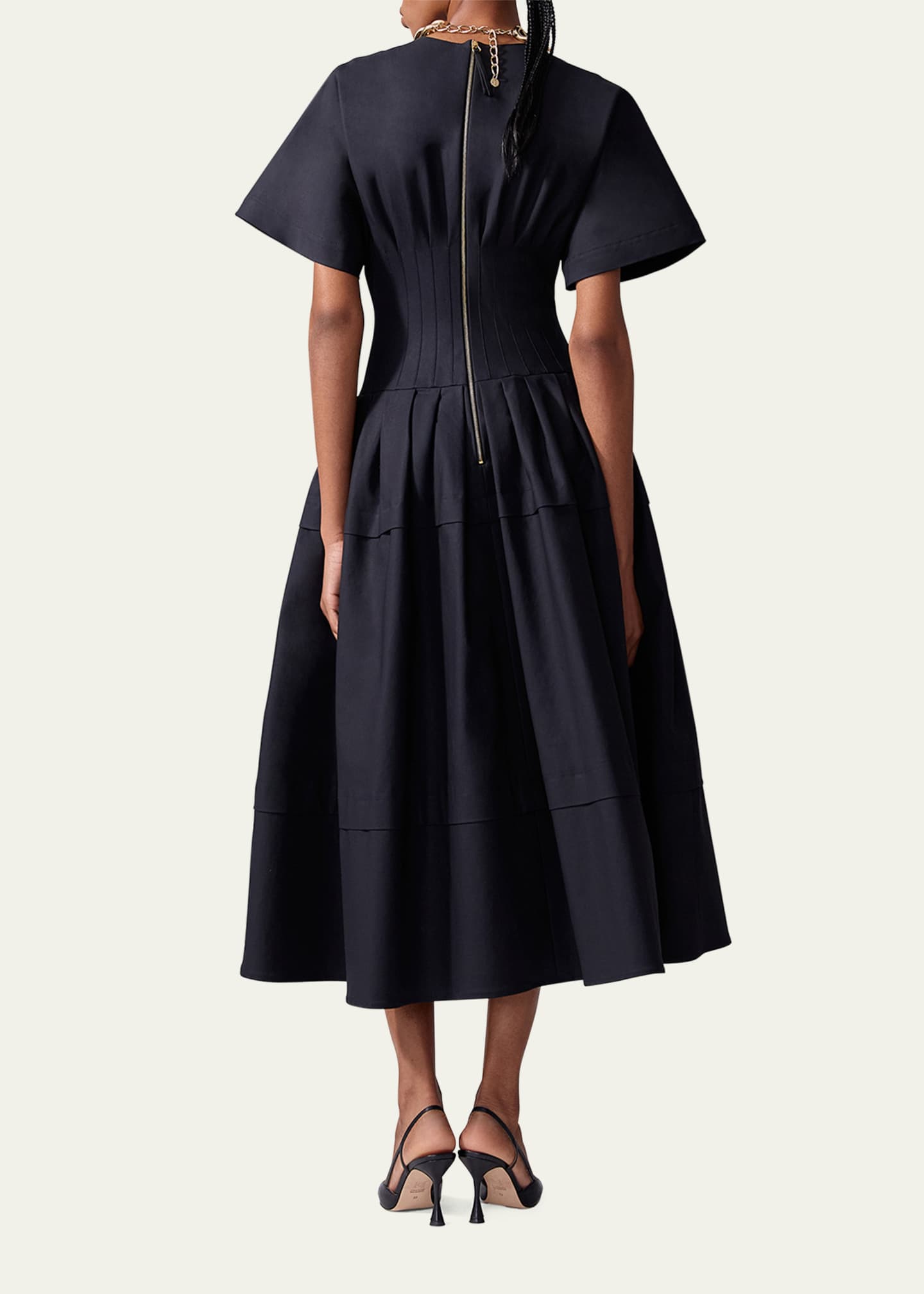 Carolina Herrera Short-Sleeve Pleated-Waist Midi Dress Image 3 of 4