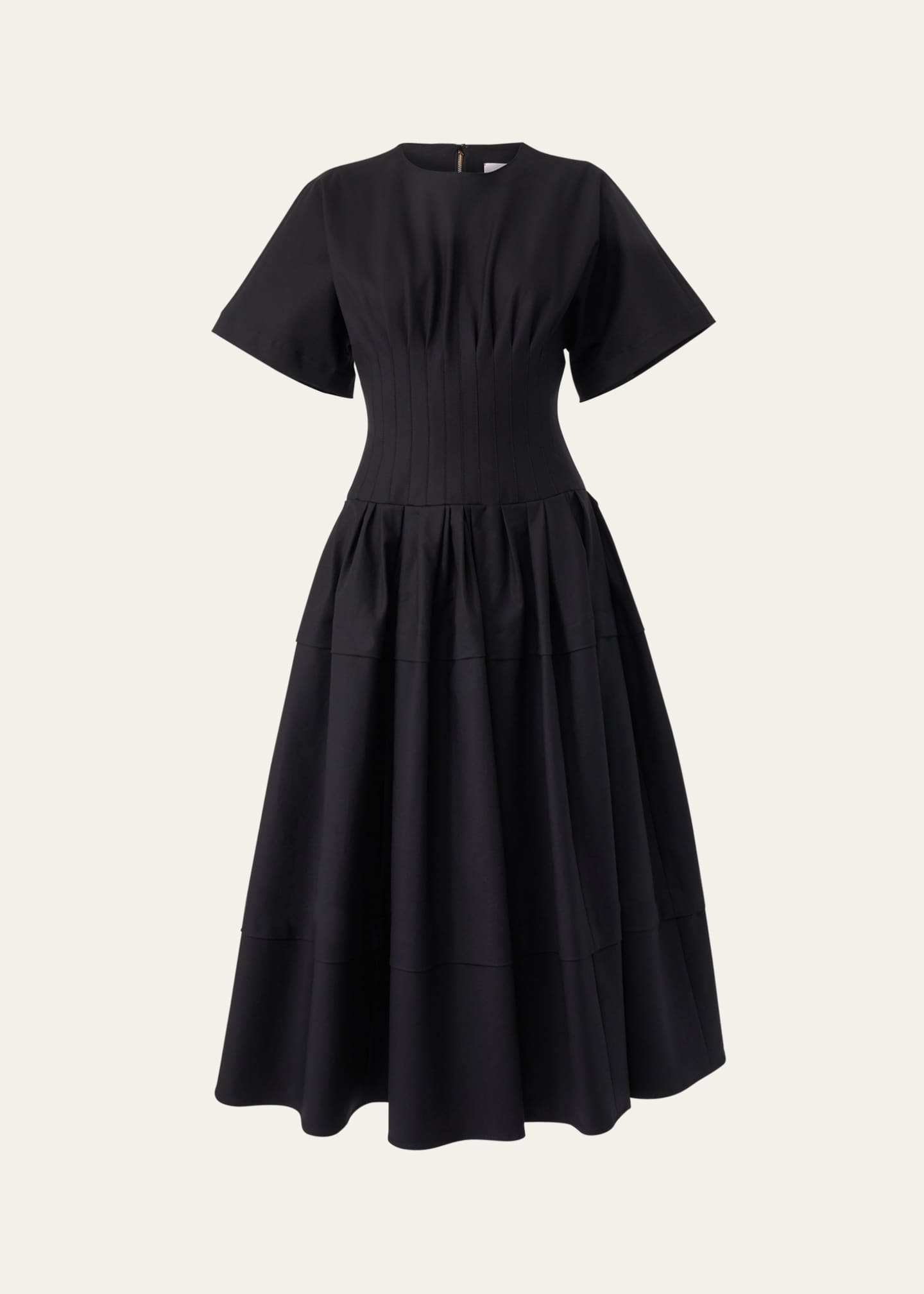 Carolina Herrera Short-Sleeve Pleated-Waist Midi Dress Image 1 of 4
