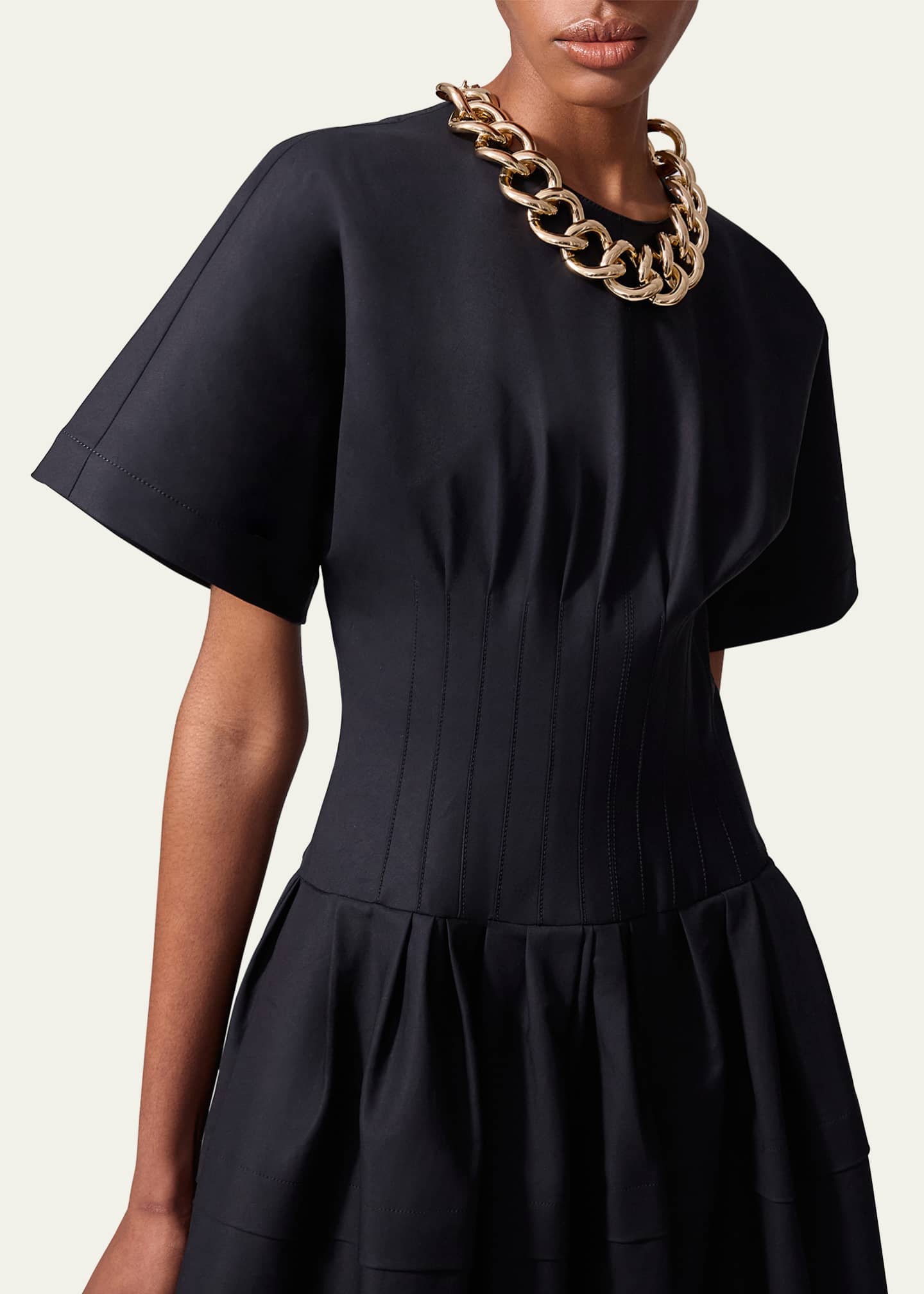 Carolina Herrera Short-Sleeve Pleated-Waist Midi Dress Image 4 of 4