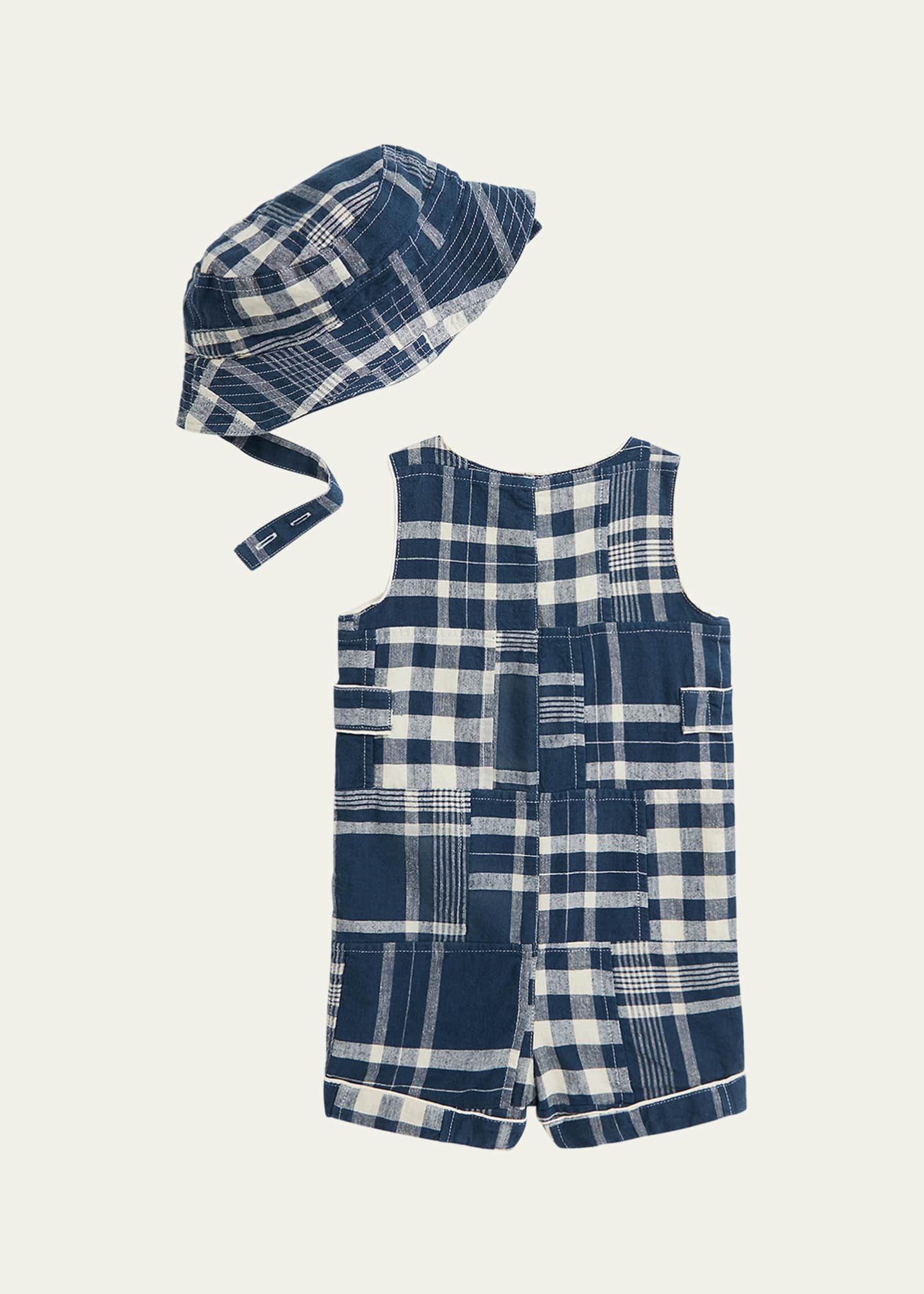 Ralph Lauren Childrenswear Boy's Patchwork-Print Overalls & Hat Set, Size 3M-12M Image 2 of 3